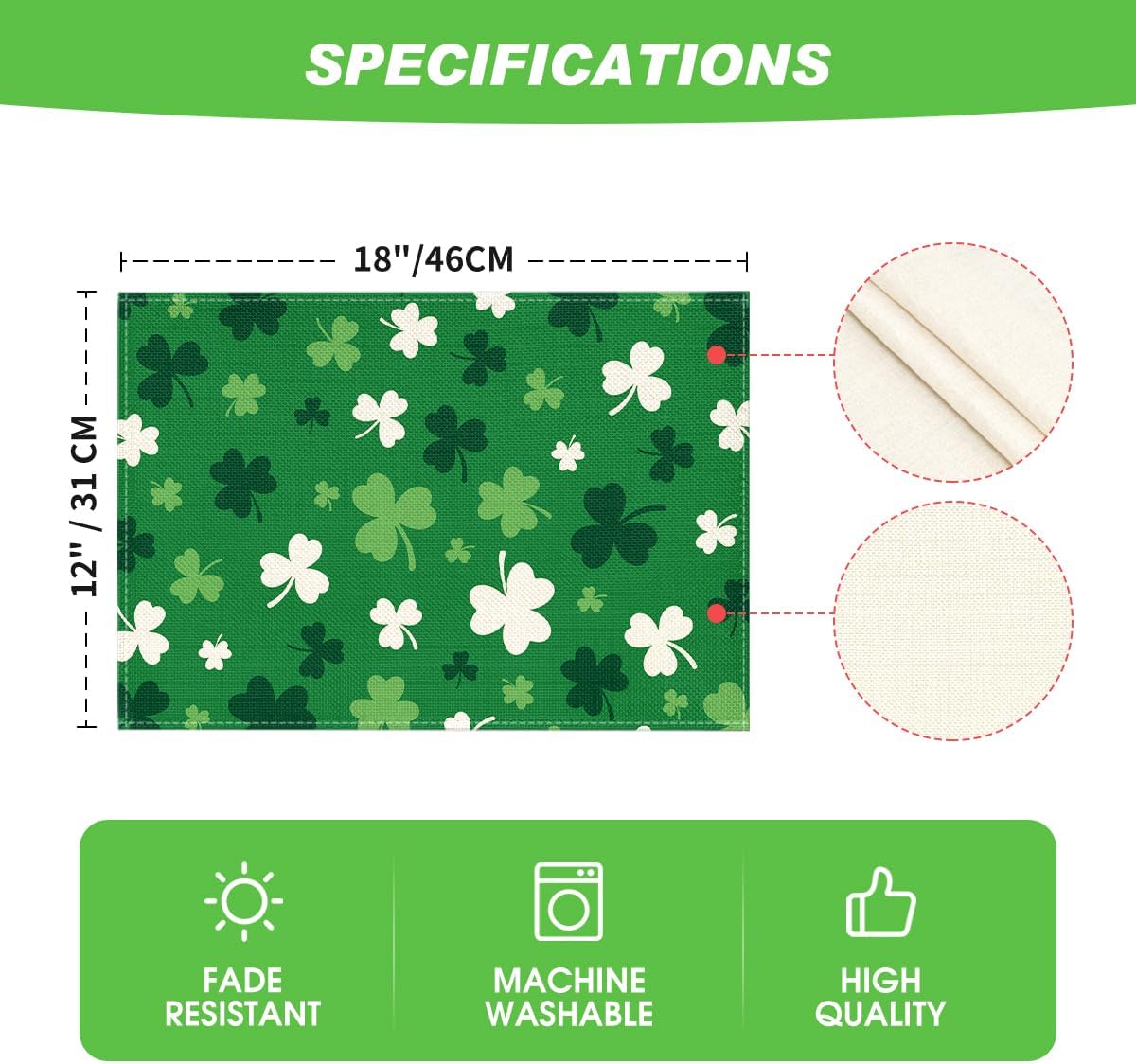 Green Shamrock St. Patrick's Day Placemats Set of 4, 12x18 Inch Seasonal Spring Table Mats for Party Kitchen Dining Decoration - Image 5