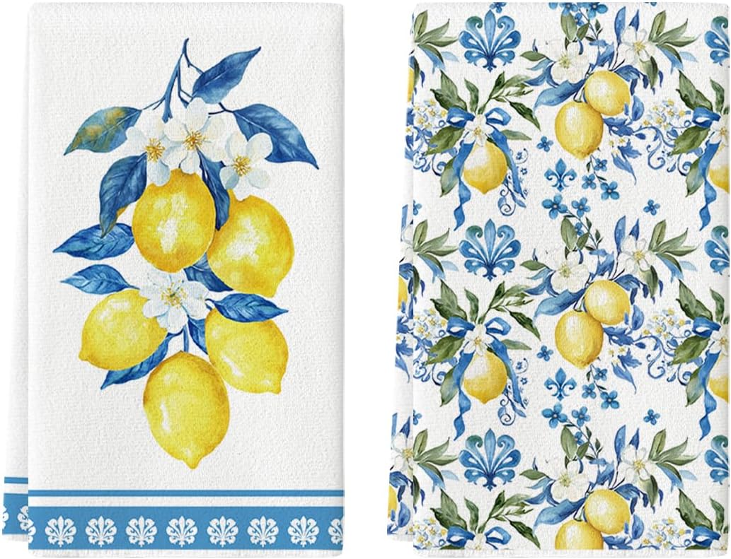 Lemon Flowers Floral Summer Kitchen Towels Dish Towels, 18x26 Inch Seasonal Decoration Hand Towels Set of 2 - Image 1