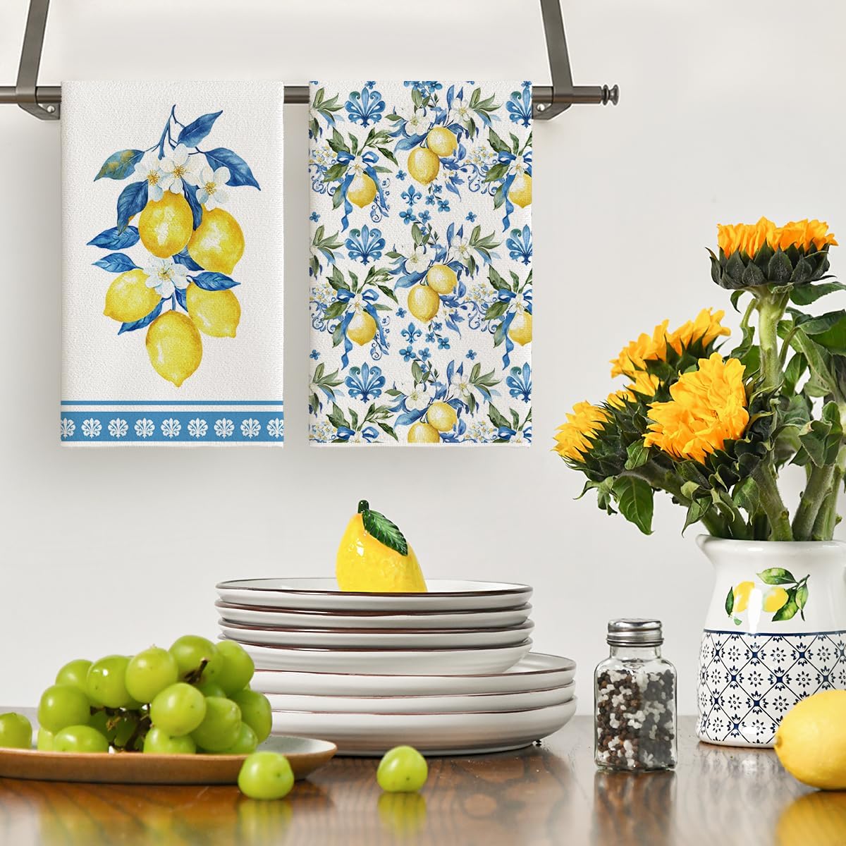 Lemon Flowers Floral Summer Kitchen Towels Dish Towels, 18x26 Inch Seasonal Decoration Hand Towels Set of 2 - Image 2