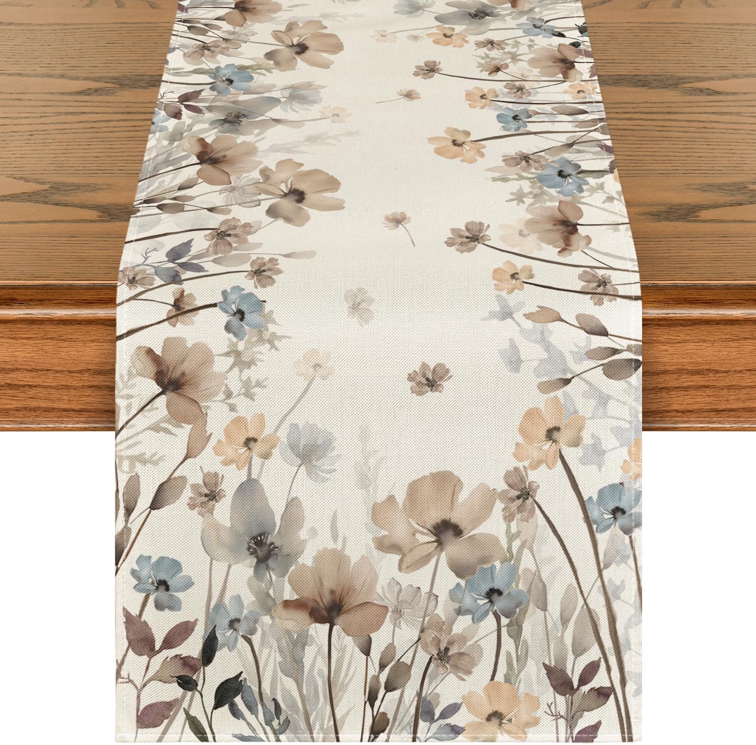 Brown Poppy Flowers Floral Blossom Summer Table Runner, Fall Kitchen Dining Table Decoration for Home Party Decor 13x72 Inch - Image 1