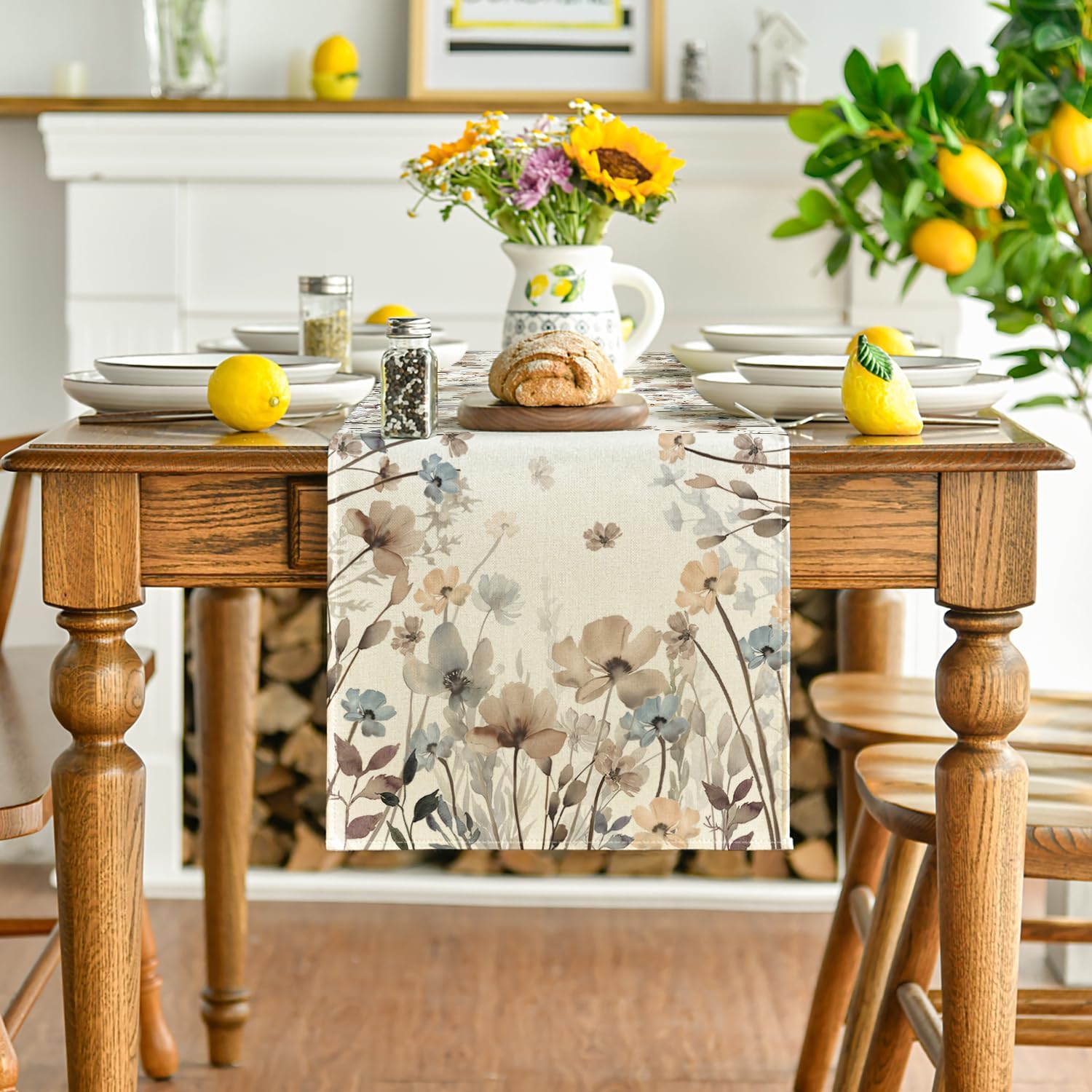 Brown Poppy Flowers Floral Blossom Summer Table Runner, Fall Kitchen Dining Table Decoration for Home Party Decor 13x72 Inch - Image 2