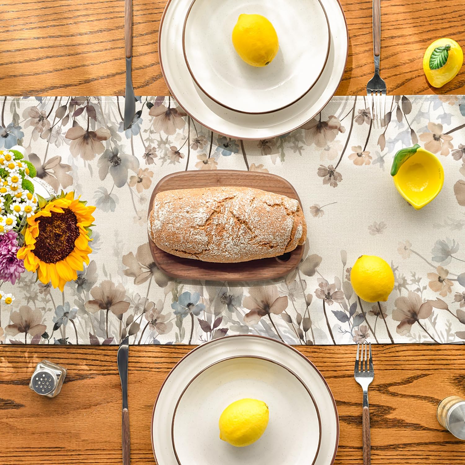 Brown Poppy Flowers Floral Blossom Summer Table Runner, Fall Kitchen Dining Table Decoration for Home Party Decor 13x72 Inch - Image 3