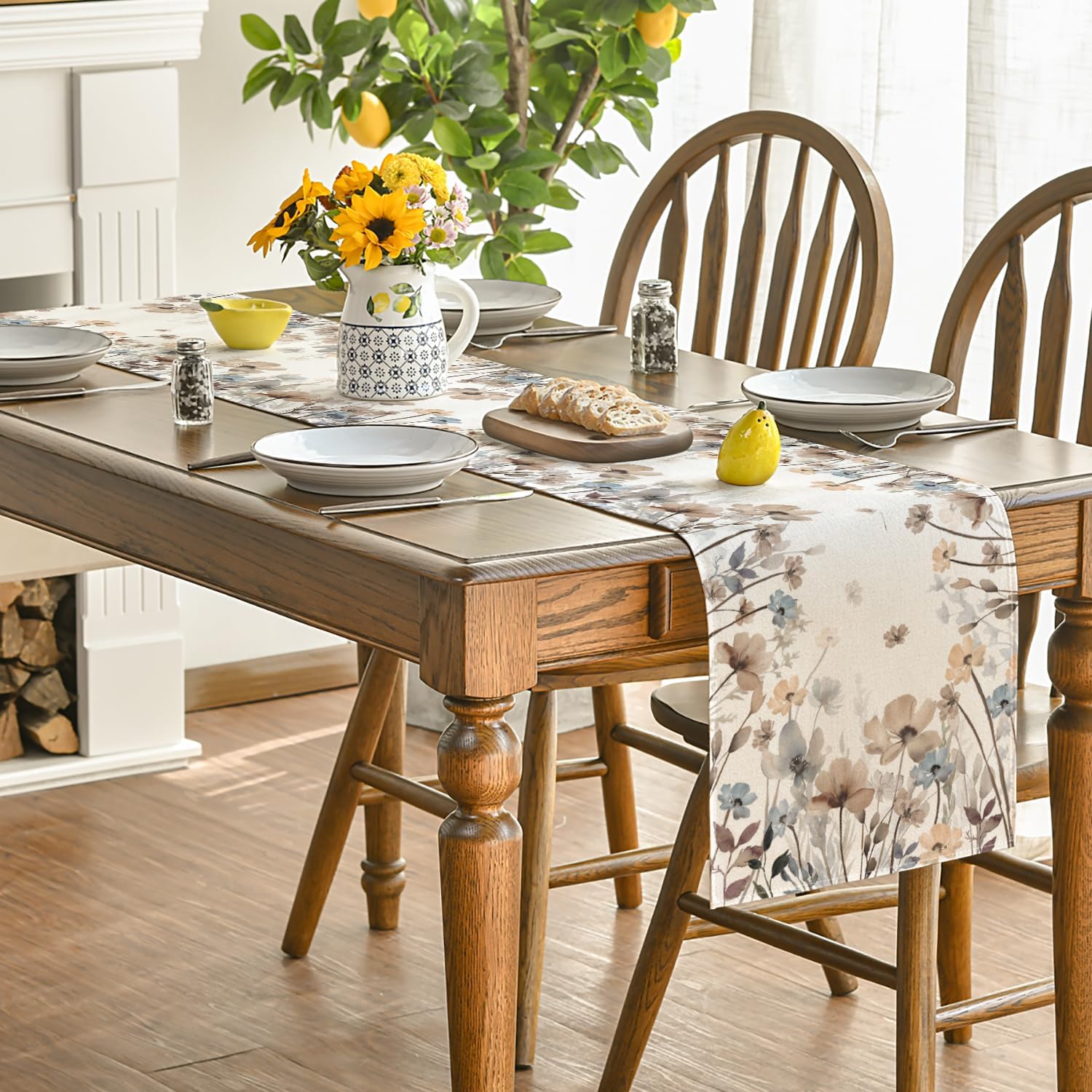 Brown Poppy Flowers Floral Blossom Summer Table Runner, Fall Kitchen Dining Table Decoration for Home Party Decor 13x72 Inch - Image 4