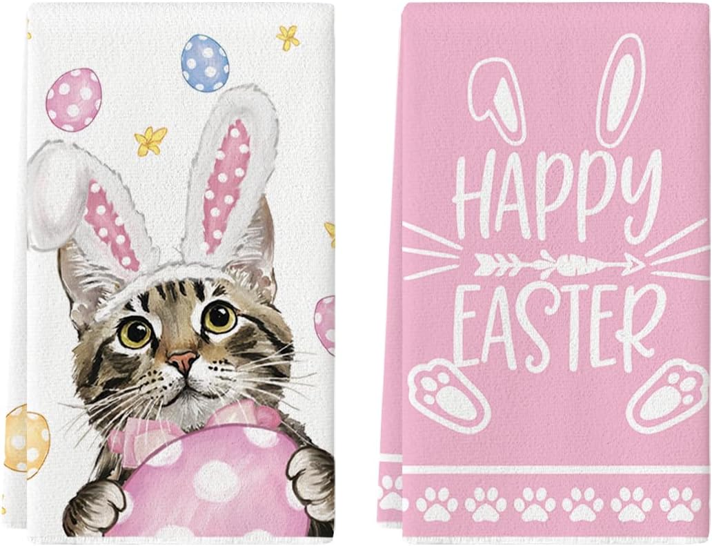 Pink Rabbit Ears Cat Eggs Happy Easter Kitchen Towels Dish Towels, 18x26 Inch Spring Summer Holiday Decoration Hand Towels Set of 2 - Image 1