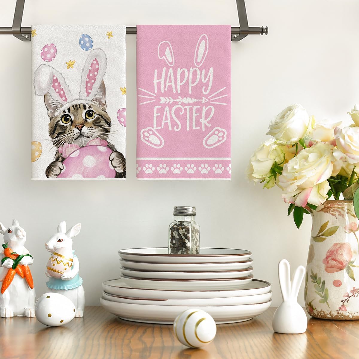 Pink Rabbit Ears Cat Eggs Happy Easter Kitchen Towels Dish Towels, 18x26 Inch Spring Summer Holiday Decoration Hand Towels Set of 2 - Image 2