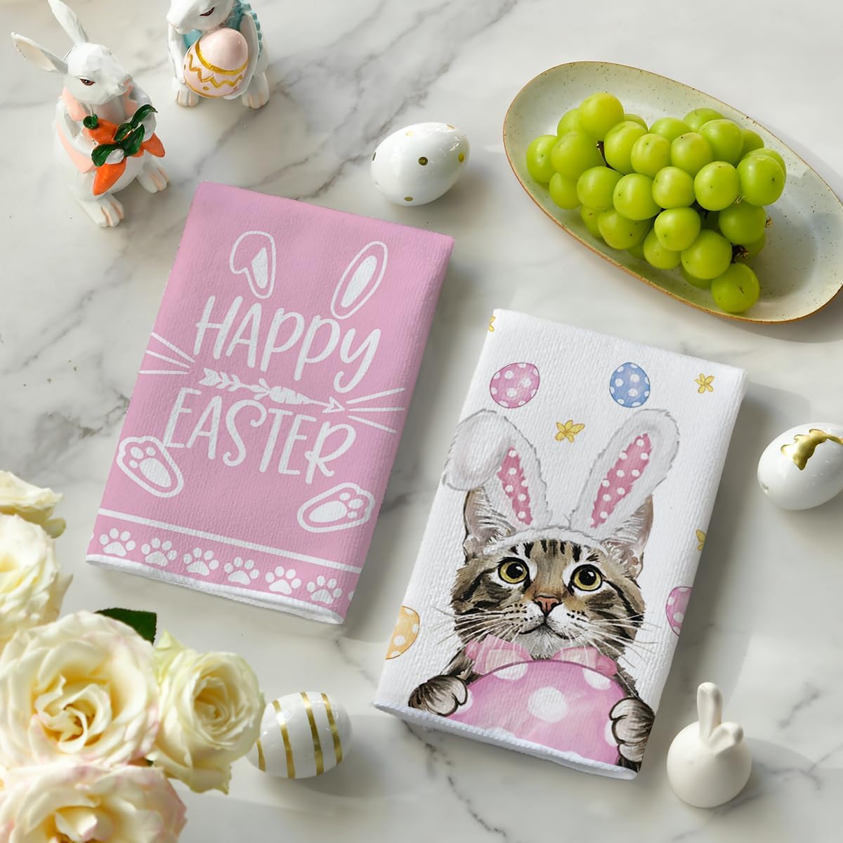 Pink Rabbit Ears Cat Eggs Happy Easter Kitchen Towels Dish Towels, 18x26 Inch Spring Summer Holiday Decoration Hand Towels Set of 2 - Image 3