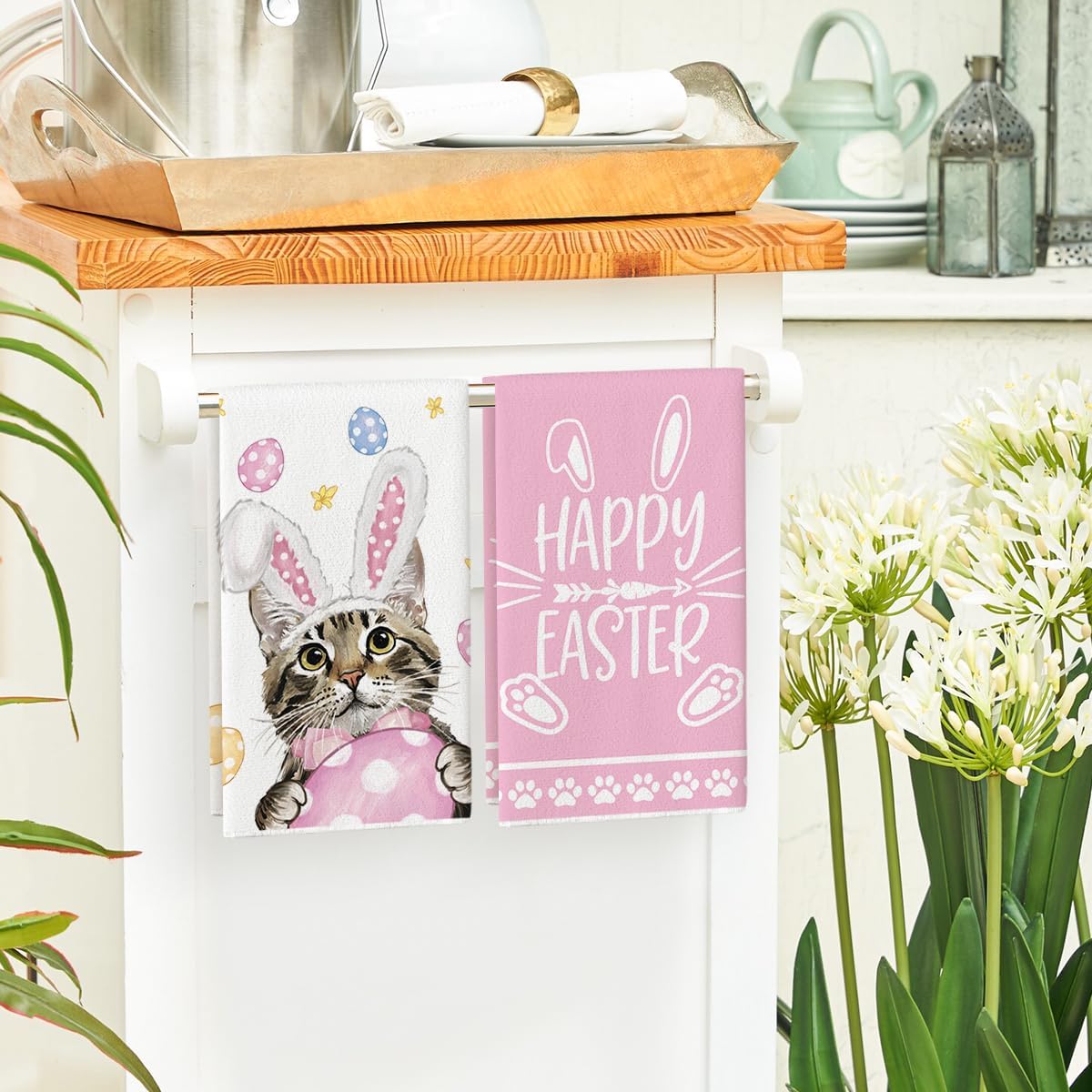 Pink Rabbit Ears Cat Eggs Happy Easter Kitchen Towels Dish Towels, 18x26 Inch Spring Summer Holiday Decoration Hand Towels Set of 2 - Image 4