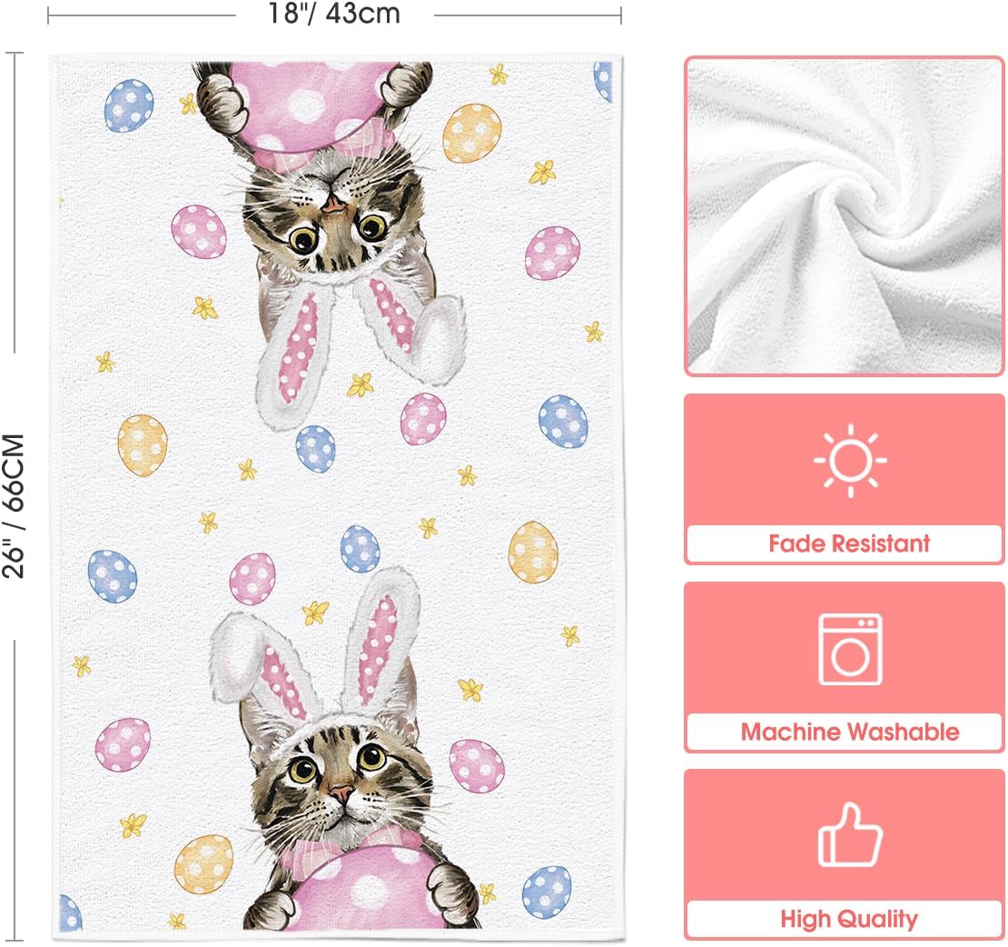 Pink Rabbit Ears Cat Eggs Happy Easter Kitchen Towels Dish Towels, 18x26 Inch Spring Summer Holiday Decoration Hand Towels Set of 2 - Image 6