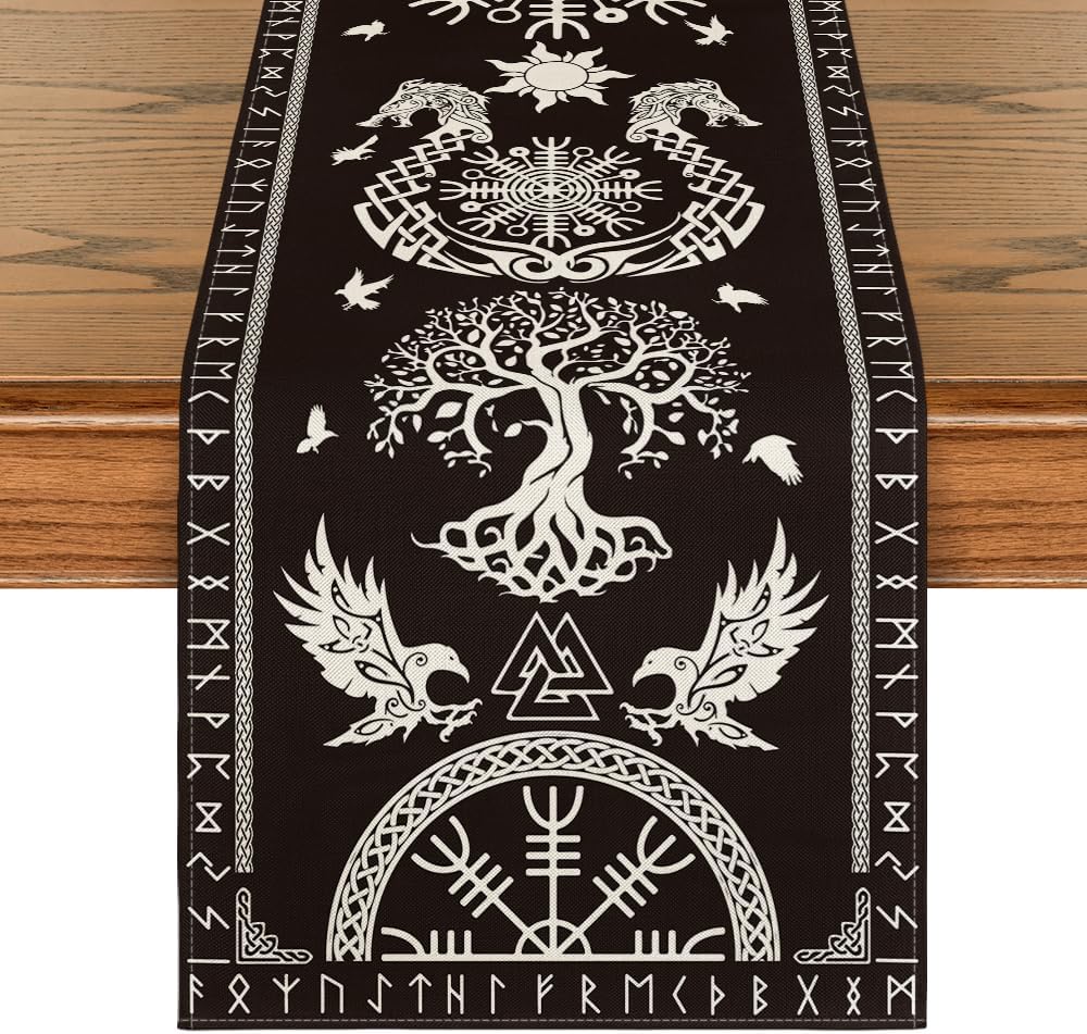 Black Viking Tree of Life Raven Helmet of Awe Table Runner, Seasonal Kitchen Dining Table Decoration for Home Party Decor 13x72 Inch - Image 1