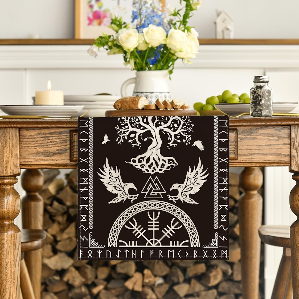 Black Viking Tree of Life Raven Helmet of Awe Table Runner, Seasonal Kitchen Dining Table Decoration for Home Party Decor 13x72 Inch - Image 2