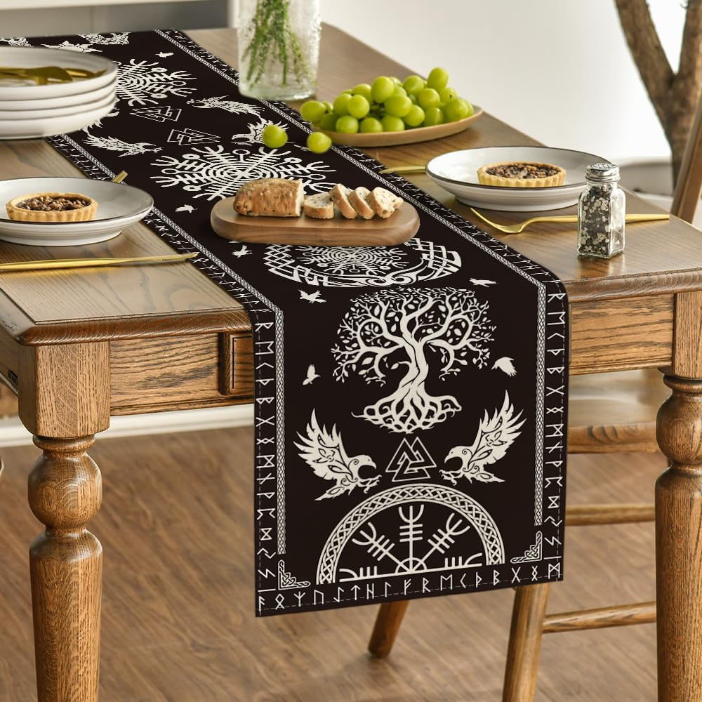 Black Viking Tree of Life Raven Helmet of Awe Table Runner, Seasonal Kitchen Dining Table Decoration for Home Party Decor 13x72 Inch - Image 3
