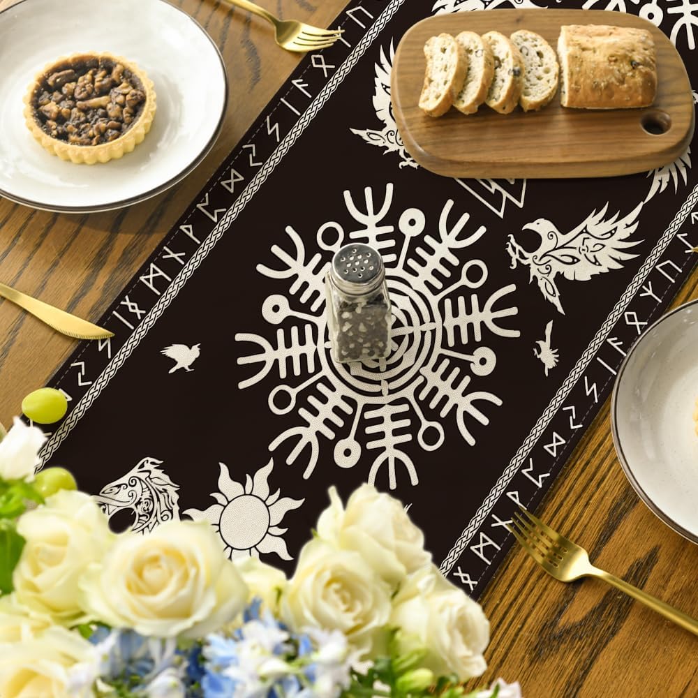 Black Viking Tree of Life Raven Helmet of Awe Table Runner, Seasonal Kitchen Dining Table Decoration for Home Party Decor 13x72 Inch - Image 4