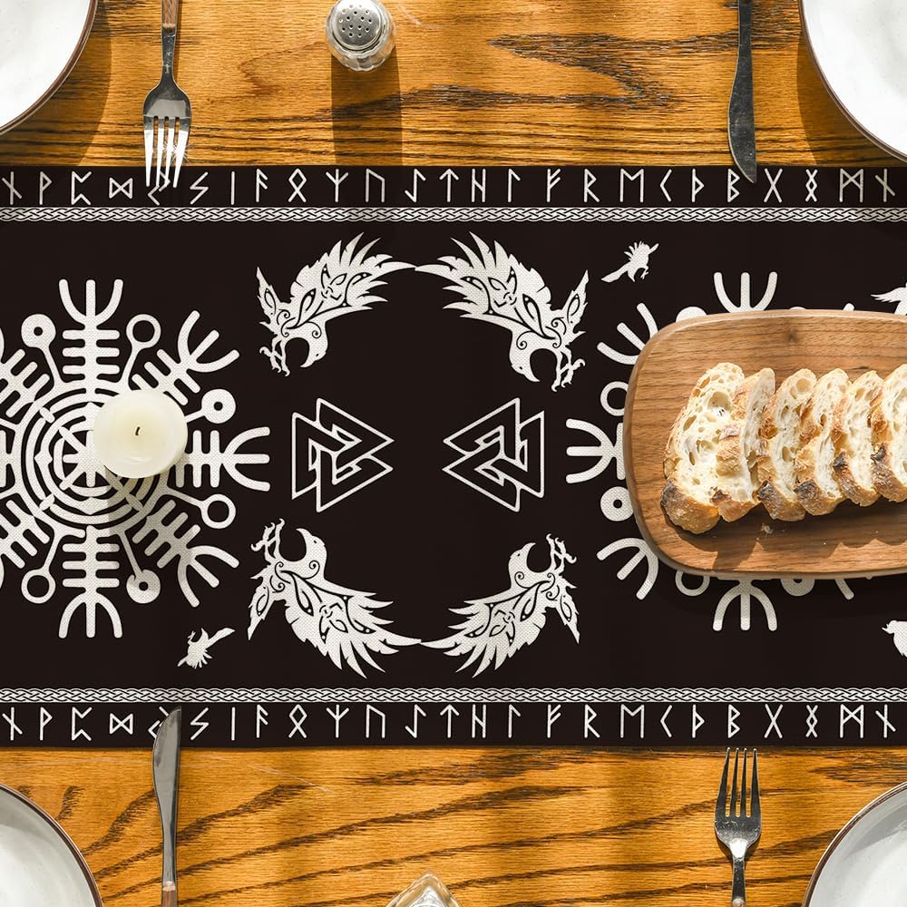 Black Viking Tree of Life Raven Helmet of Awe Table Runner, Seasonal Kitchen Dining Table Decoration for Home Party Decor 13x72 Inch - Image 7