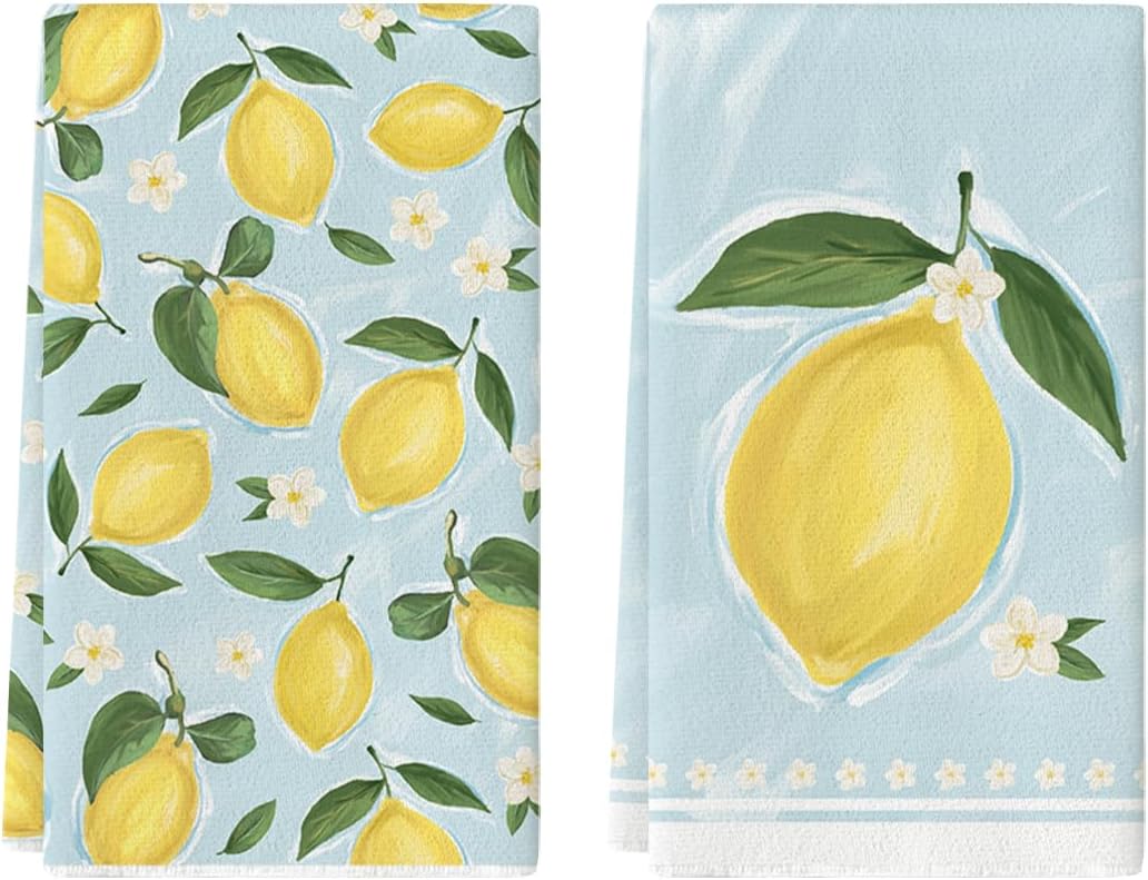 Lemon Flower Summer Kitchen Towels Dish Towels, 18x26 Inch Seasonal Summer Decoration Hand Towels Set of 2 - Image 1
