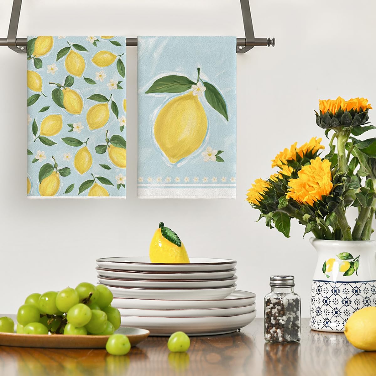 Lemon Flower Summer Kitchen Towels Dish Towels, 18x26 Inch Seasonal Summer Decoration Hand Towels Set of 2 - Image 2