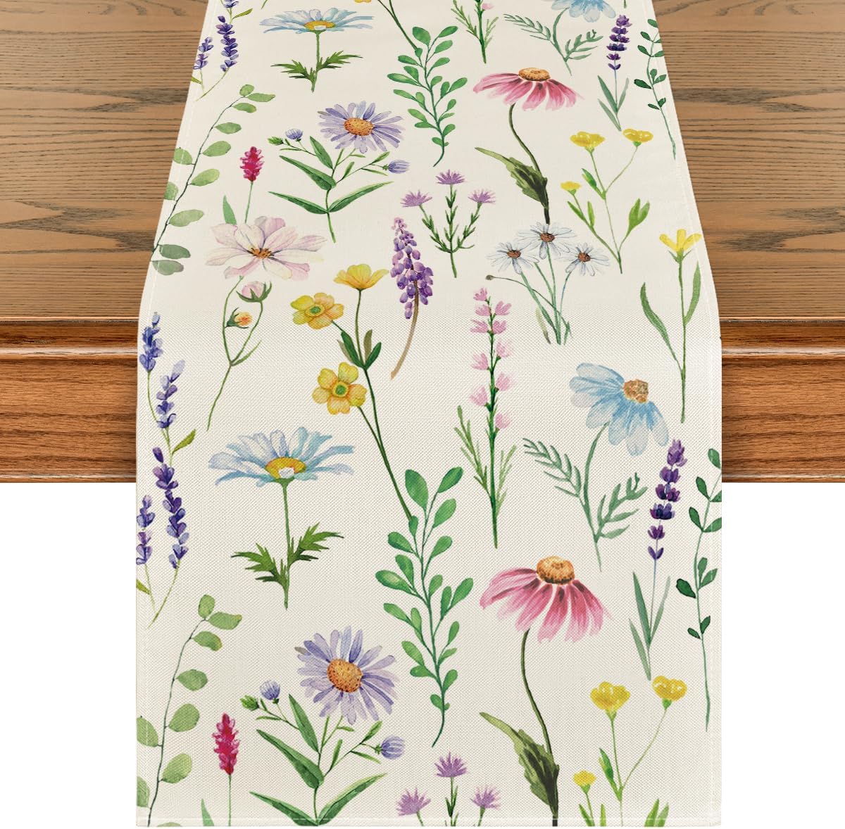 Wildflowers Floral Eucalyptus Spring Table Runner, Seasonal Summer Kitchen Dining Table Decoration for Home Party Decor 13x72 Inch - Image 1