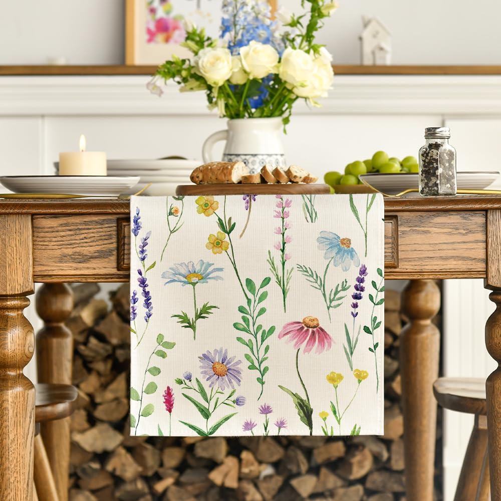 Wildflowers Floral Eucalyptus Spring Table Runner, Seasonal Summer Kitchen Dining Table Decoration for Home Party Decor 13x72 Inch - Image 2