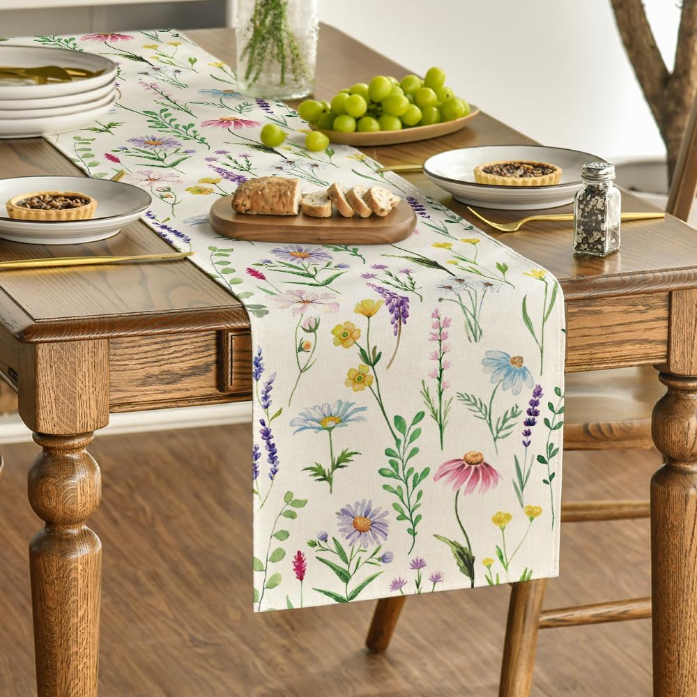 Wildflowers Floral Eucalyptus Spring Table Runner, Seasonal Summer Kitchen Dining Table Decoration for Home Party Decor 13x72 Inch - Image 3