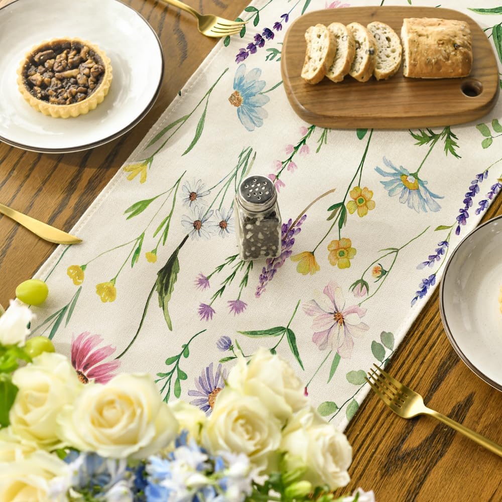 Wildflowers Floral Eucalyptus Spring Table Runner, Seasonal Summer Kitchen Dining Table Decoration for Home Party Decor 13x72 Inch - Image 4