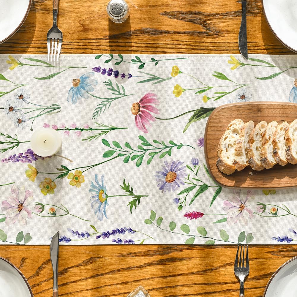 Wildflowers Floral Eucalyptus Spring Table Runner, Seasonal Summer Kitchen Dining Table Decoration for Home Party Decor 13x72 Inch - Image 7