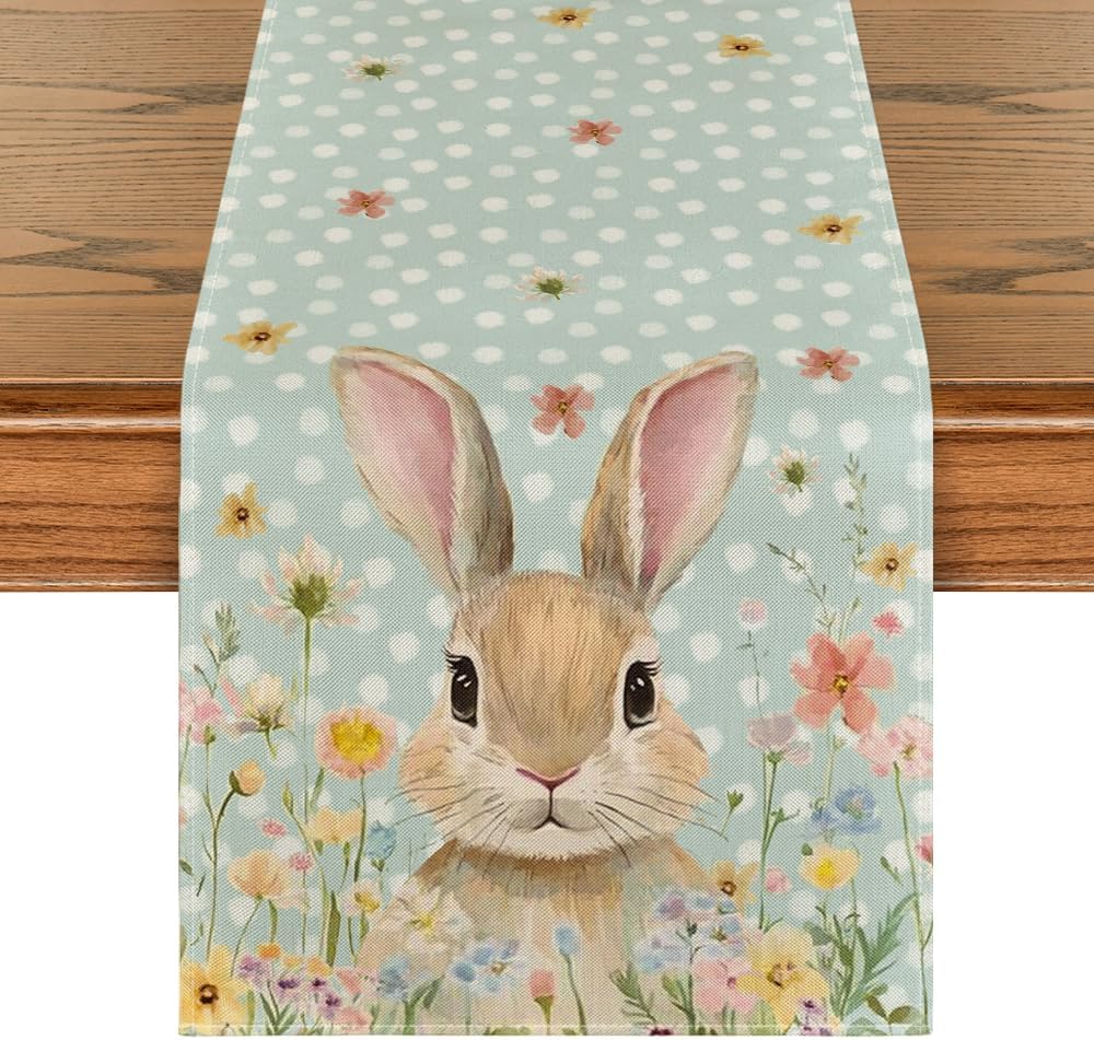 Bunny Rabbit Floral Polka Dot Happy Easter Table Runner,Seasonal Spring Kitchen Dining Table Decoration for Home Party Decor 13x72 Inch - Image 1