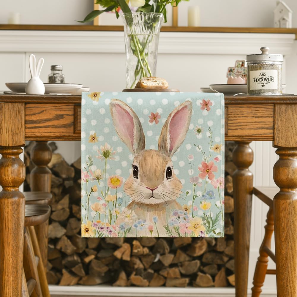 Bunny Rabbit Floral Polka Dot Happy Easter Table Runner,Seasonal Spring Kitchen Dining Table Decoration for Home Party Decor 13x72 Inch - Image 2
