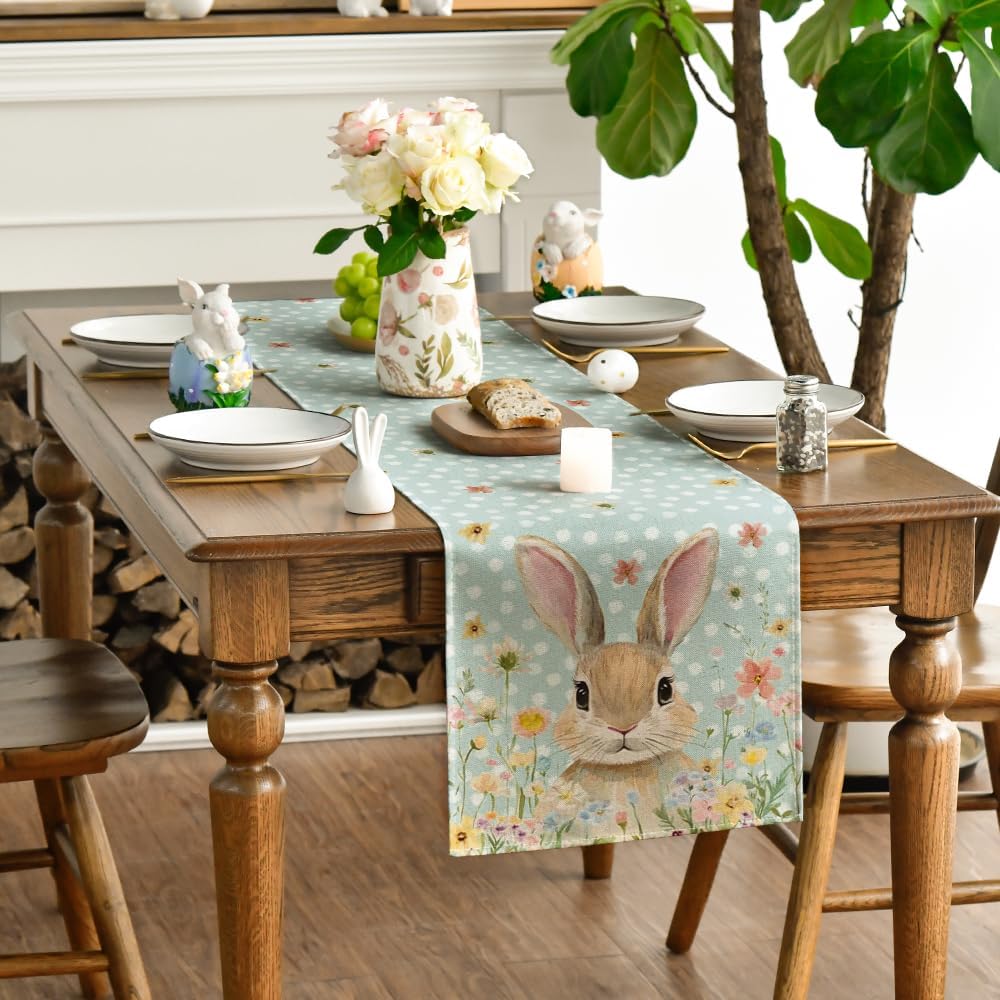 Bunny Rabbit Floral Polka Dot Happy Easter Table Runner,Seasonal Spring Kitchen Dining Table Decoration for Home Party Decor 13x72 Inch - Image 3