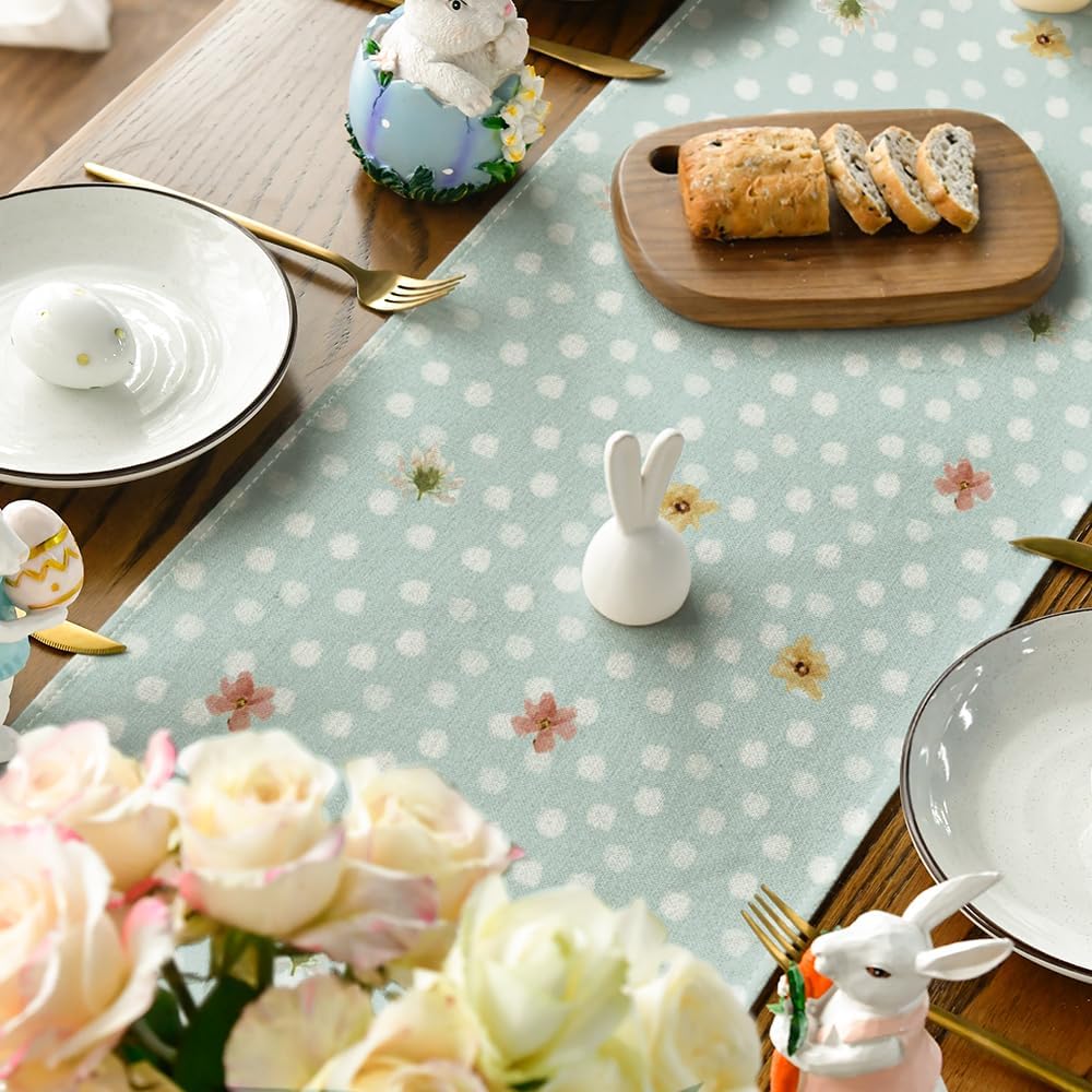 Bunny Rabbit Floral Polka Dot Happy Easter Table Runner,Seasonal Spring Kitchen Dining Table Decoration for Home Party Decor 13x72 Inch - Image 4