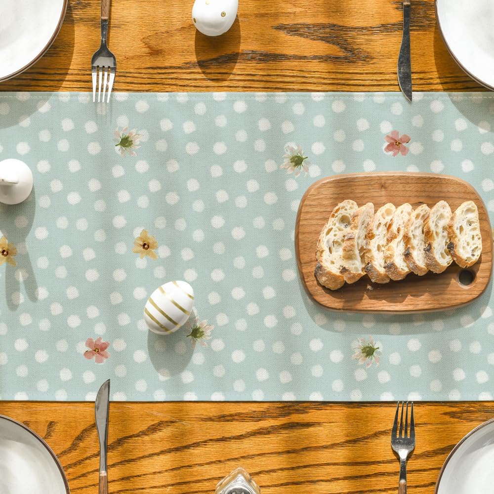 Bunny Rabbit Floral Polka Dot Happy Easter Table Runner,Seasonal Spring Kitchen Dining Table Decoration for Home Party Decor 13x72 Inch - Image 7