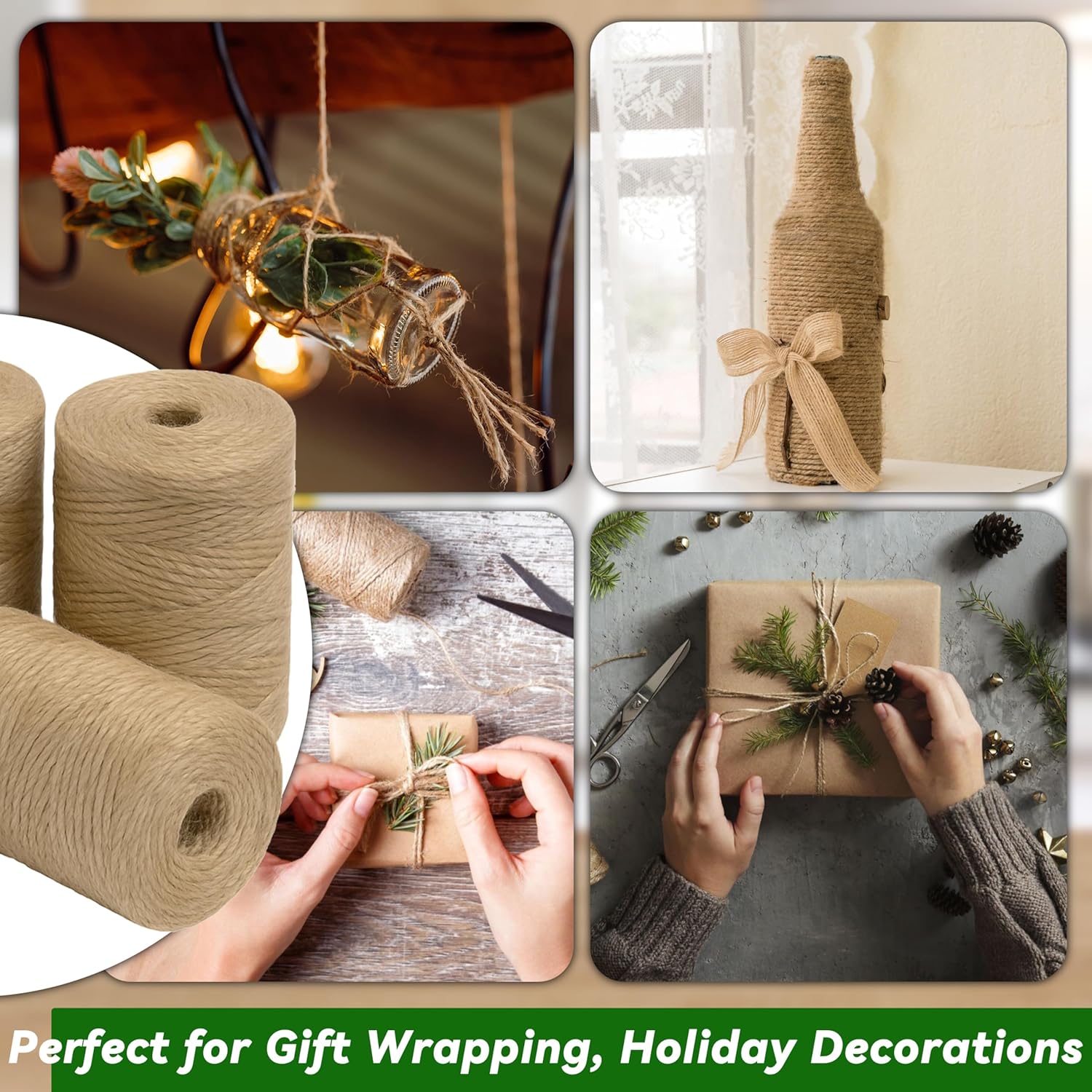 4 Pack Natural Jute Twine String (328 ft Each), 3-Ply Durable Brown Craft Twine for Gardening, Gift Wrapping, Flower Bouquet, Arts & Crafts, Hemp & Burlap String for DIY Projects - Image 5