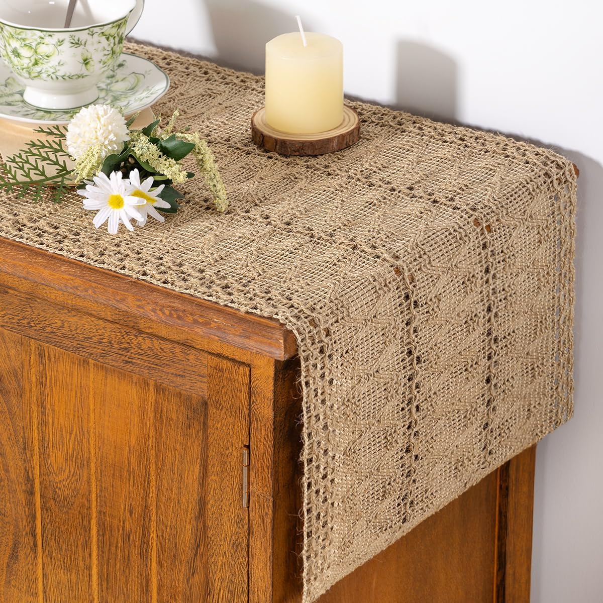 Boho Table Runner Valentine's Day Farmhouse Burlap Jute Bamboo Rustic Dining Kitchen Centerpiece Decor Small Macrame Woven Coffee Table Runner for Dresser Scarf Home Decor 12x36 inch - Image 1