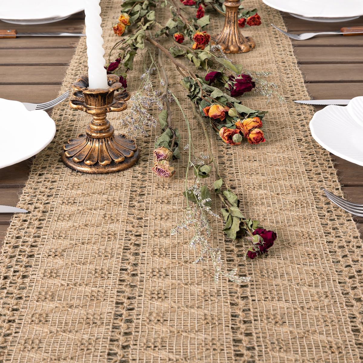 Boho Table Runner Valentine's Day Farmhouse Burlap Jute Bamboo Rustic Dining Kitchen Centerpiece Decor Small Macrame Woven Coffee Table Runner for Dresser Scarf Home Decor 12x36 inch - Image 2