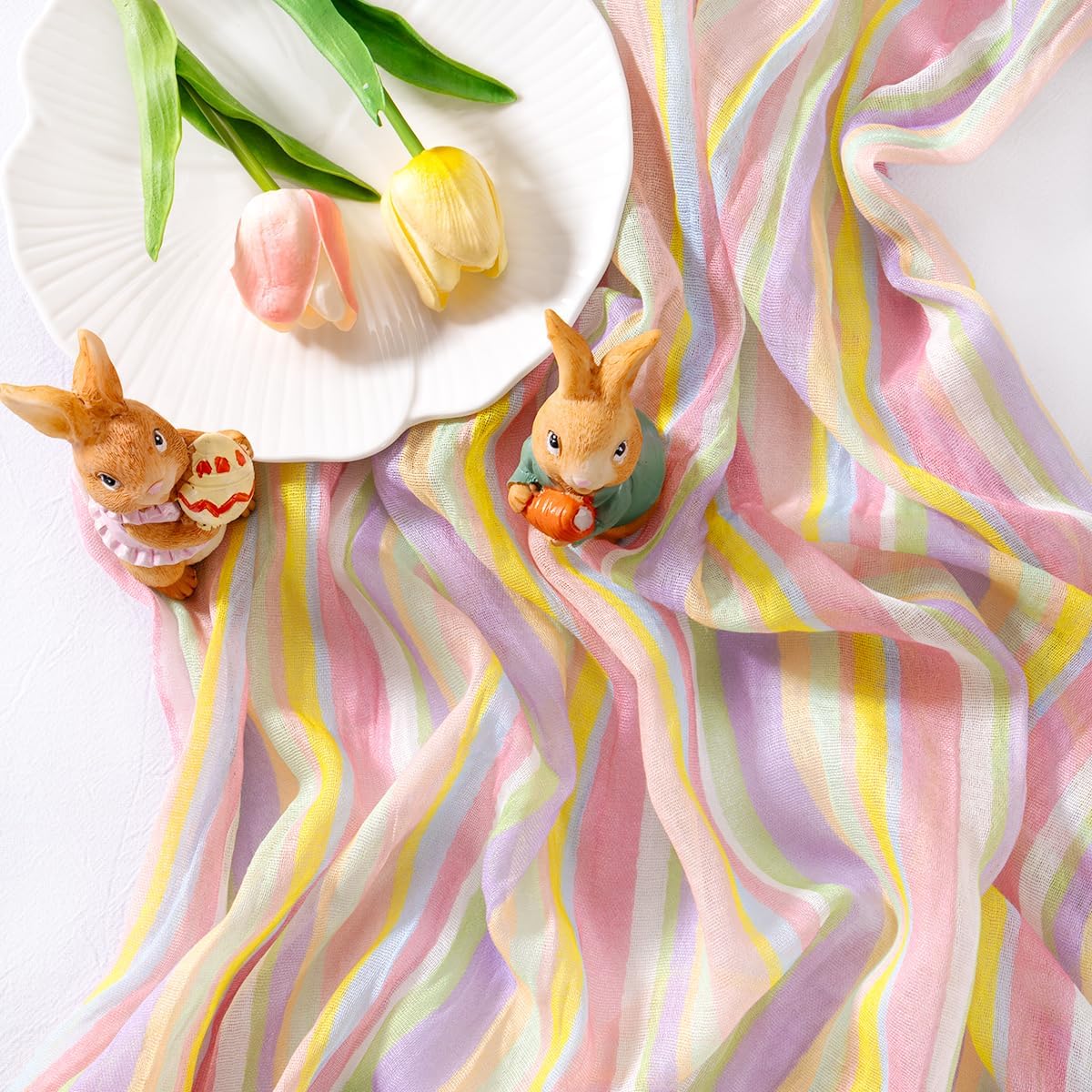 Easter Spring Table Runner Pastel Stripe Floral Cheesecloth Gauze 120 Inch Rustic Boho Cheese Cloth Runner for Wedding Party Baby Bridal Shower Decoration Holiday Home Decorations - Image 1