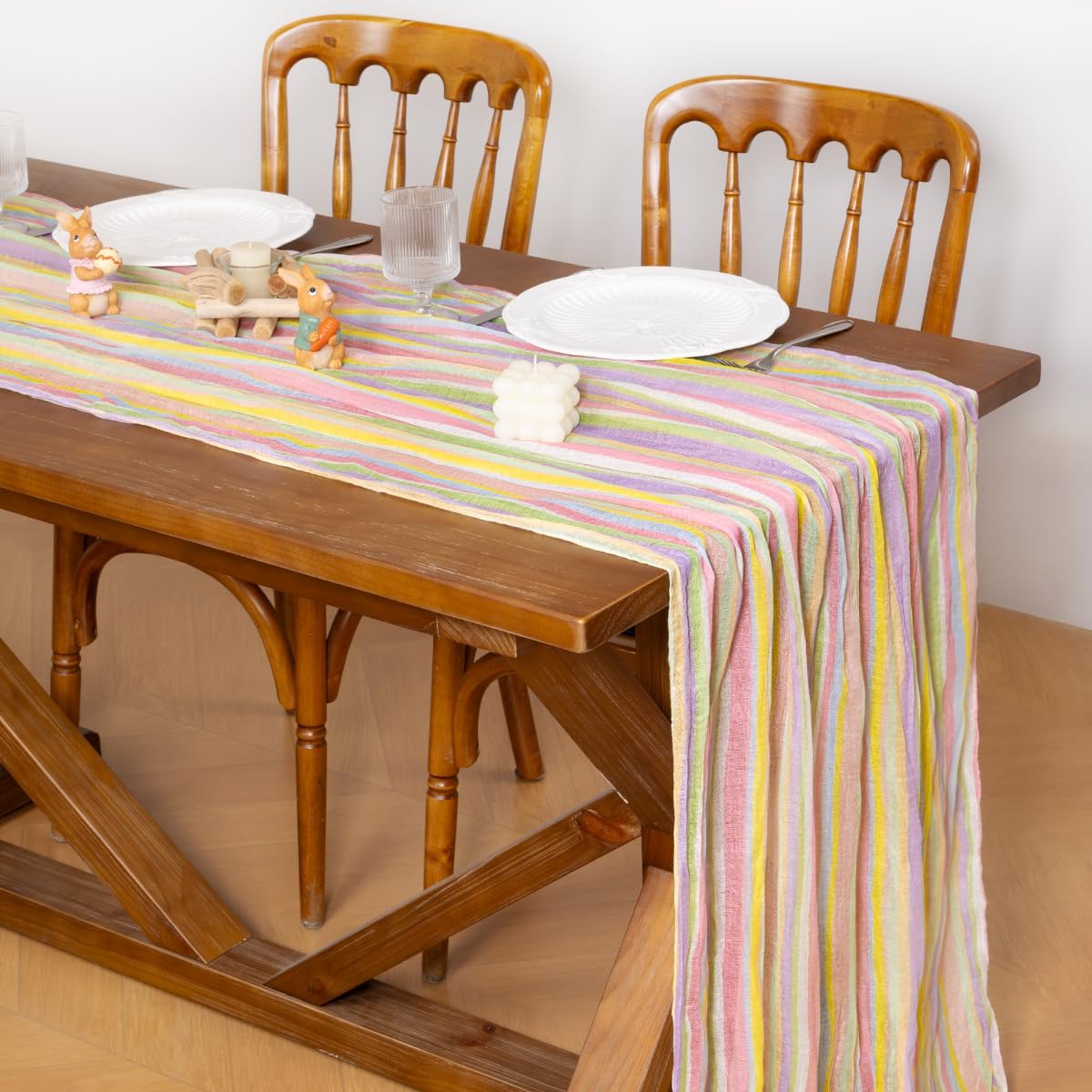 Easter Spring Table Runner Pastel Stripe Floral Cheesecloth Gauze 120 Inch Rustic Boho Cheese Cloth Runner for Wedding Party Baby Bridal Shower Decoration Holiday Home Decorations - Image 2