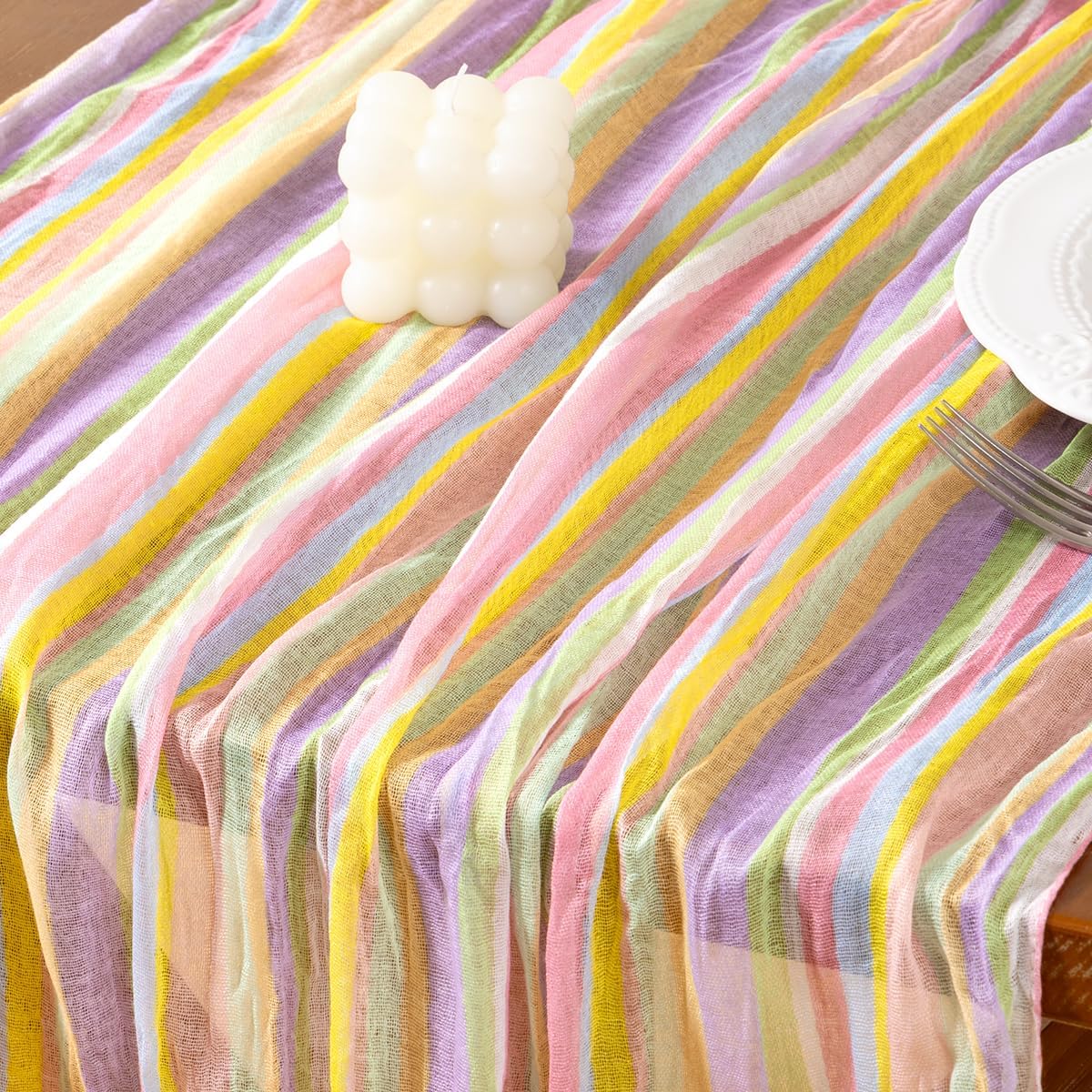 Easter Spring Table Runner Pastel Stripe Floral Cheesecloth Gauze 120 Inch Rustic Boho Cheese Cloth Runner for Wedding Party Baby Bridal Shower Decoration Holiday Home Decorations - Image 3