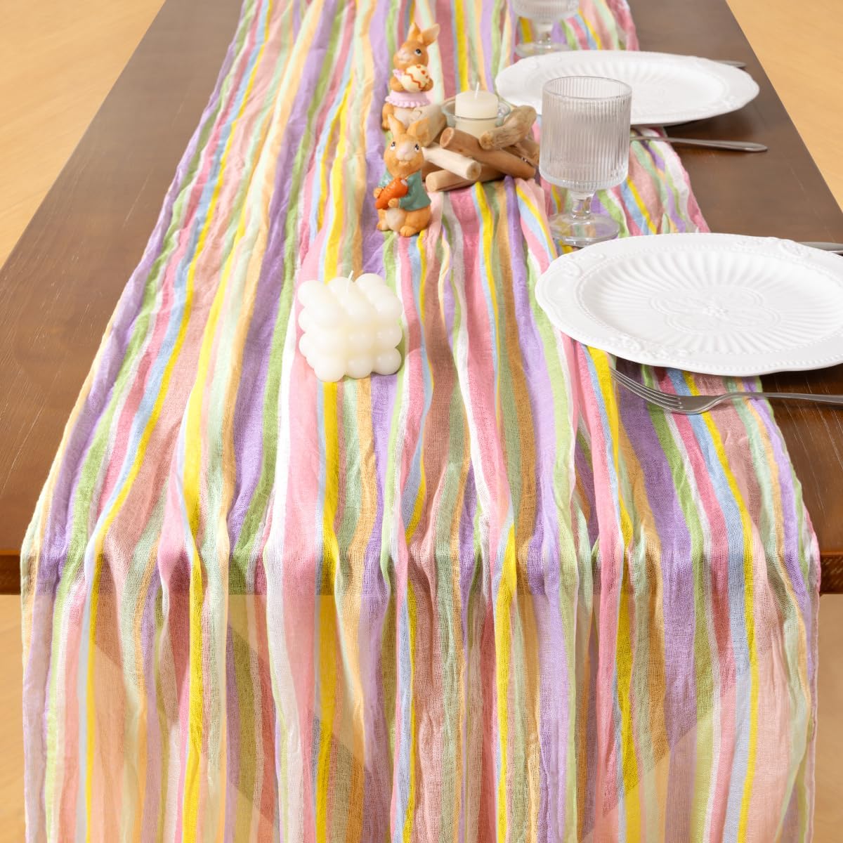 Easter Spring Table Runner Pastel Stripe Floral Cheesecloth Gauze 120 Inch Rustic Boho Cheese Cloth Runner for Wedding Party Baby Bridal Shower Decoration Holiday Home Decorations - Image 4