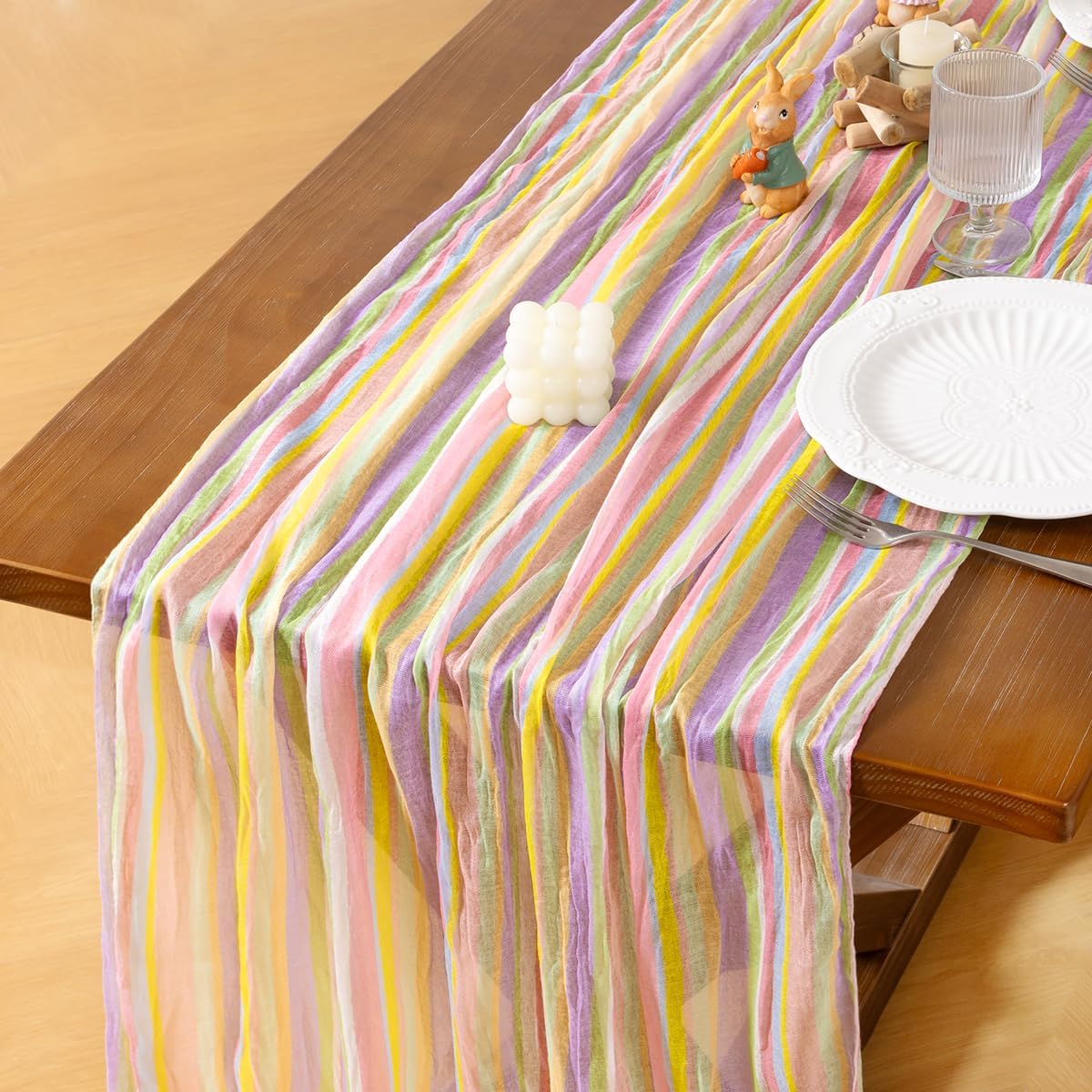 Easter Spring Table Runner Pastel Stripe Floral Cheesecloth Gauze 120 Inch Rustic Boho Cheese Cloth Runner for Wedding Party Baby Bridal Shower Decoration Holiday Home Decorations - Image 5