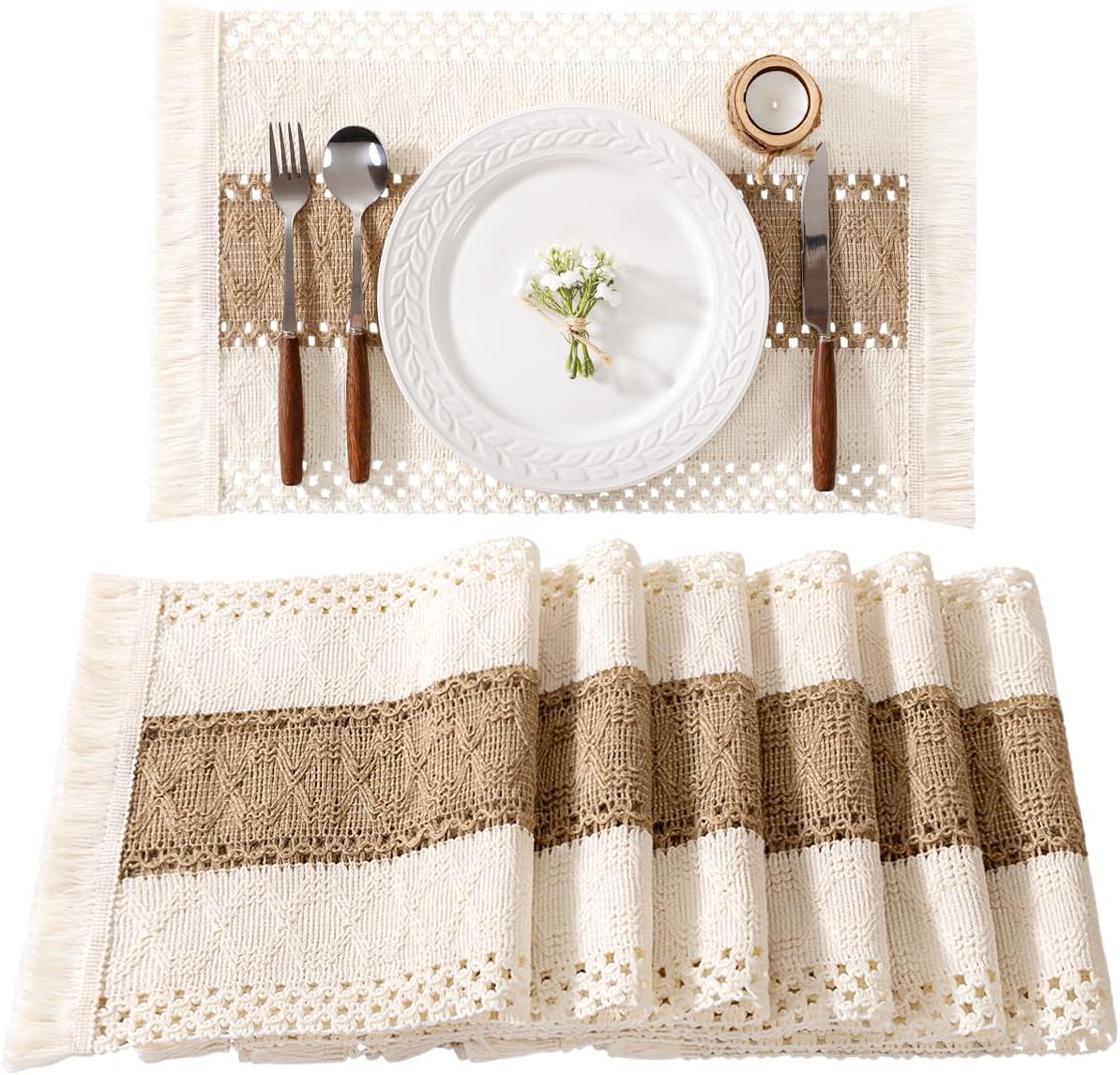 Boho Placemats Set of 6 Washable Cotton Burlap Farmhouse Table Mats Macrame Woven Dinner Table Decor Centerpiece for Party Home Decor - Image 1