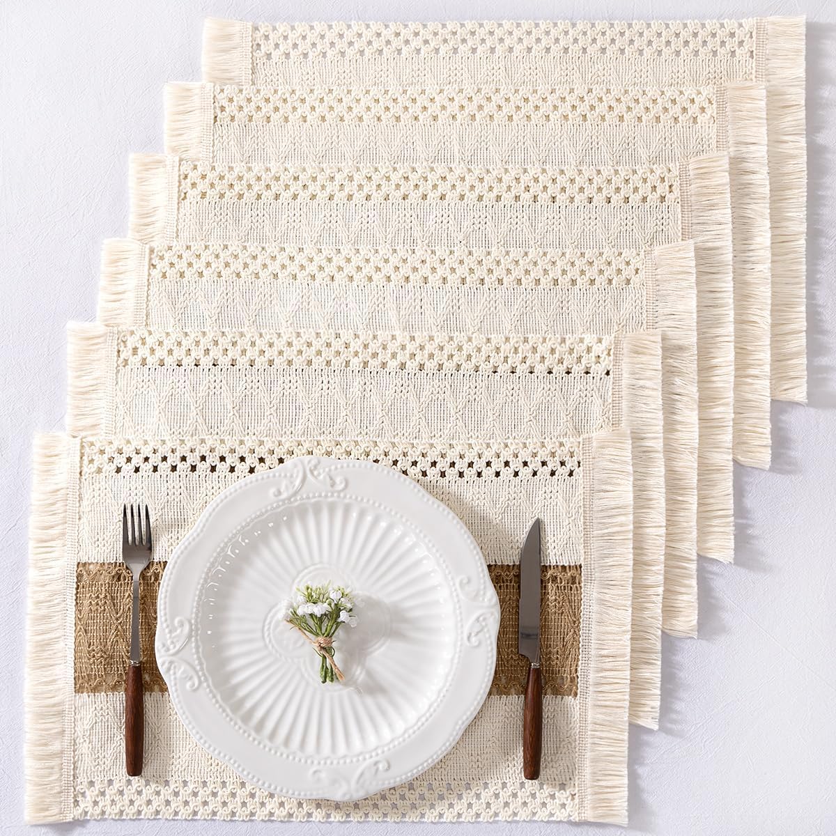 Boho Placemats Set of 6 Washable Cotton Burlap Farmhouse Table Mats Macrame Woven Dinner Table Decor Centerpiece for Party Home Decor - Image 2