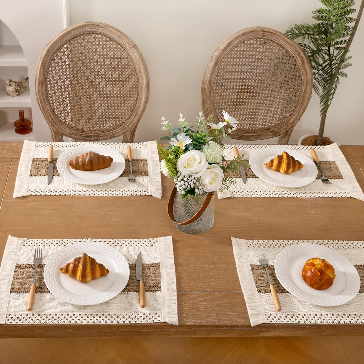 Boho Placemats Set of 6 Washable Cotton Burlap Farmhouse Table Mats Macrame Woven Dinner Table Decor Centerpiece for Party Home Decor - Image 3