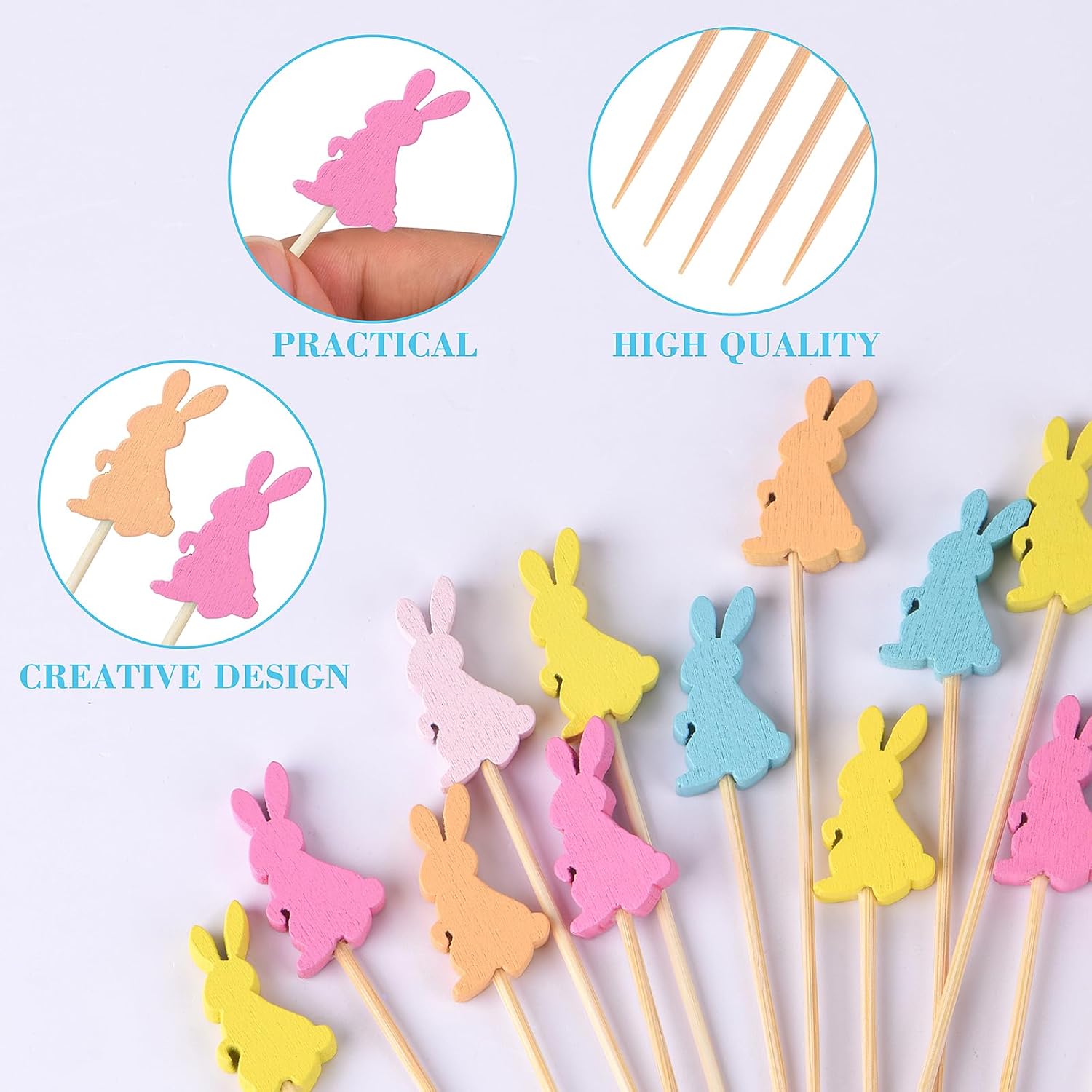 100 Pack Easter Toothpicks for Appetizers, 4.7 Inch Natural Bamboo Cocktail Picks for Cake Dessert Food Fruit Easter Party Decorations - Image 3