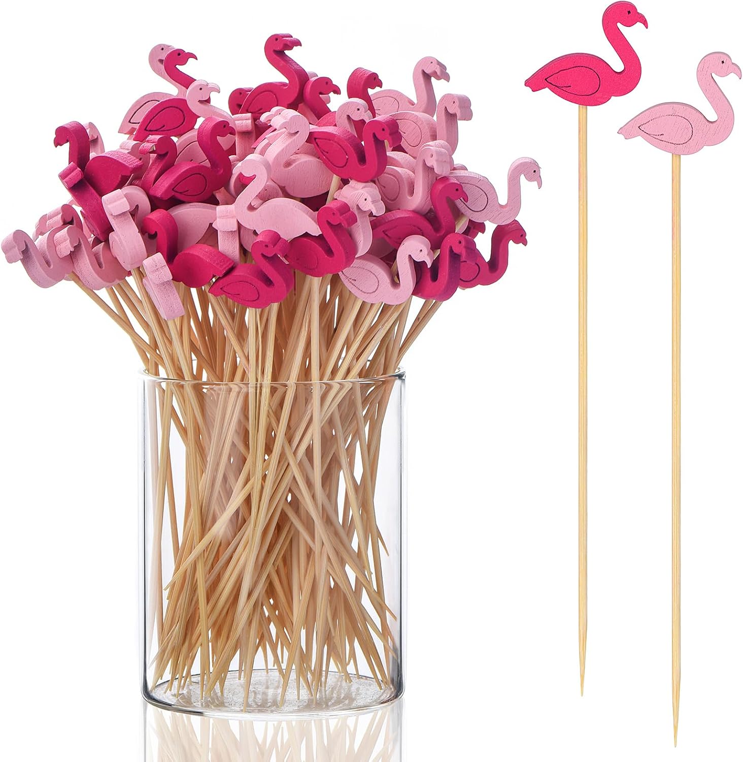 100 Pack Flamingo Toothpicks for Appetizers, 4.7 Inch Natural Bamboo Cocktail Picks for Cake Dessert Food Fruit Party Decorations - Image 1