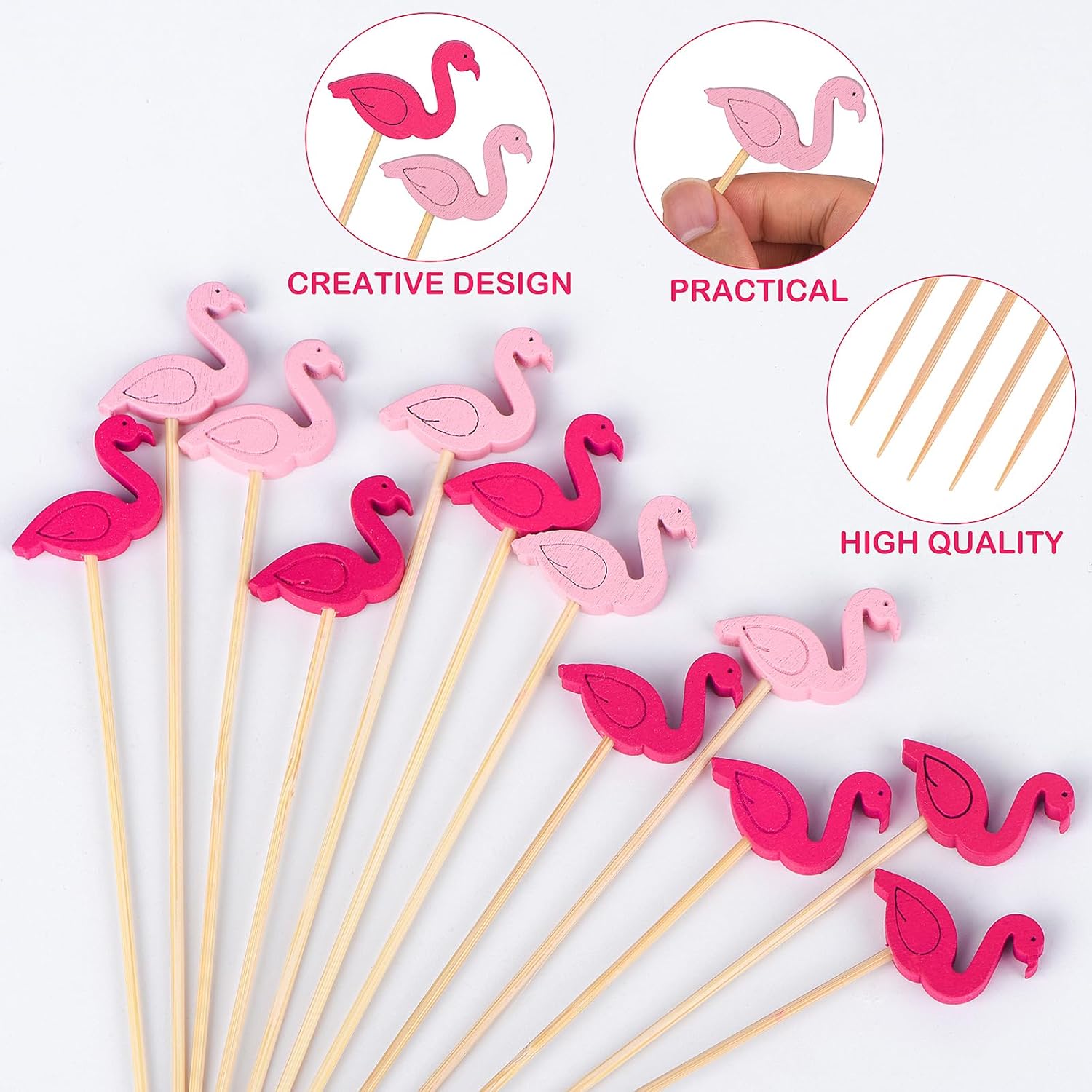 100 Pack Flamingo Toothpicks for Appetizers, 4.7 Inch Natural Bamboo Cocktail Picks for Cake Dessert Food Fruit Party Decorations - Image 3