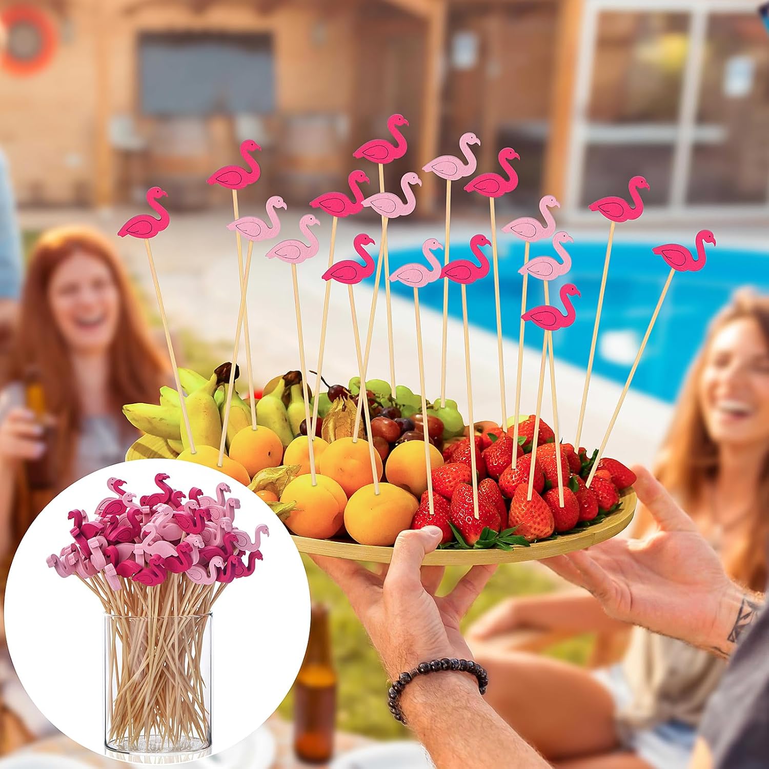 100 Pack Flamingo Toothpicks for Appetizers, 4.7 Inch Natural Bamboo Cocktail Picks for Cake Dessert Food Fruit Party Decorations - Image 6