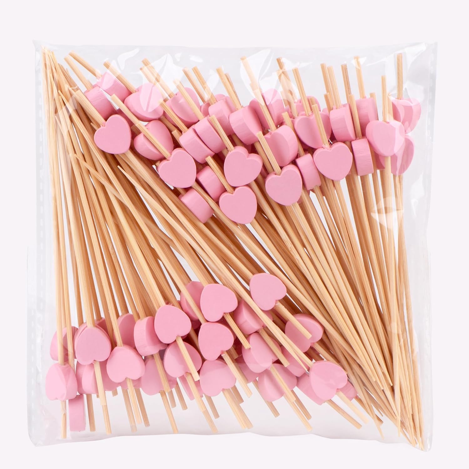 100 Pack Fruit Toothpicks, Heart-Shaped Bamboo Cocktail Picks, Natural Bamboo Toothpicks for Appetizers Fruit Cake Dessert Barbecue Snacks Sandwiches (Pink) - Image 1
