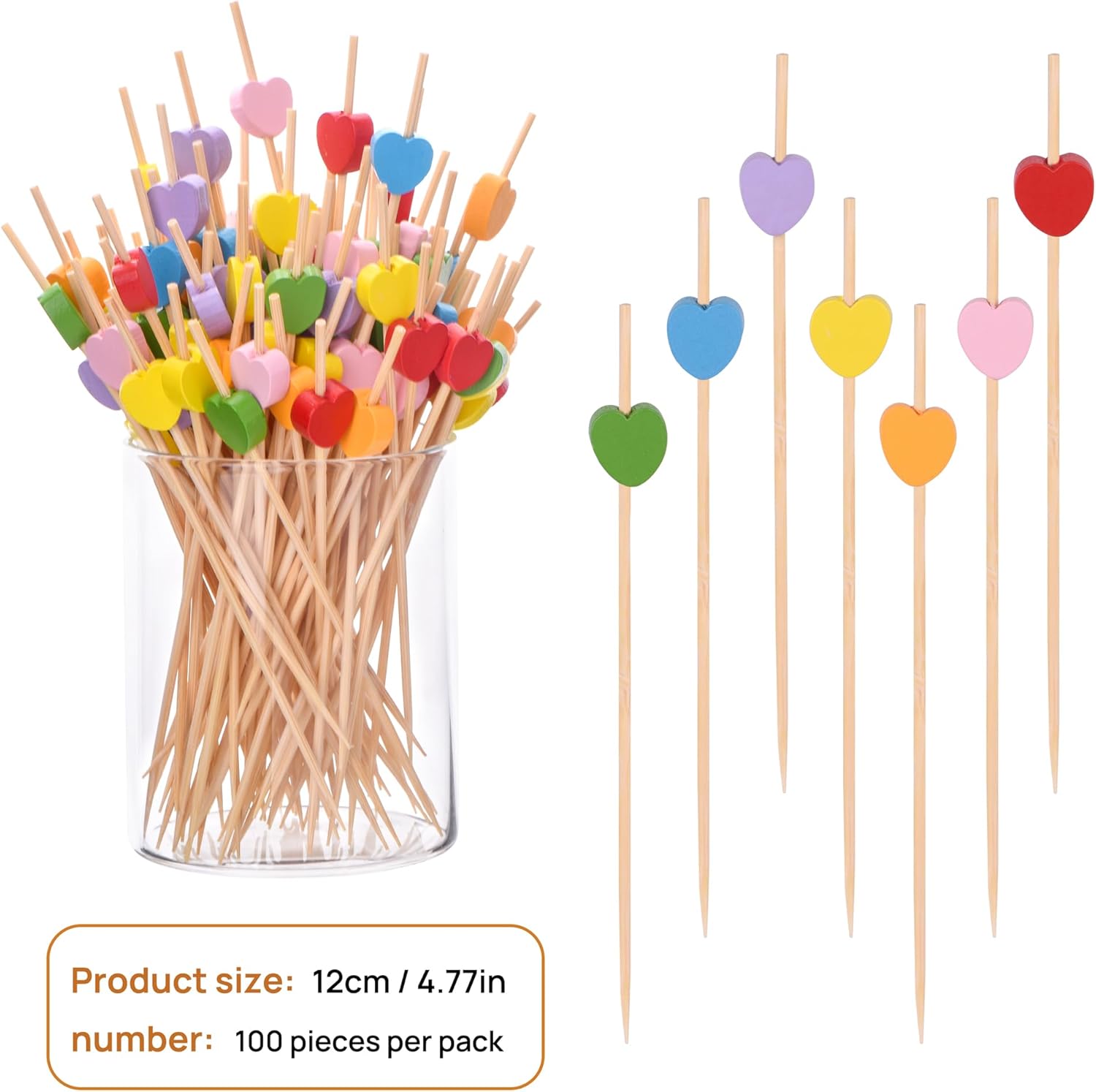 100 Pack Fruit Toothpicks, Heart-Shaped Bamboo Cocktail Picks, Natural Bamboo Toothpicks for Appetizers Fruit Cake Dessert Barbecue Snacks Sandwiches (Pink) - Image 2