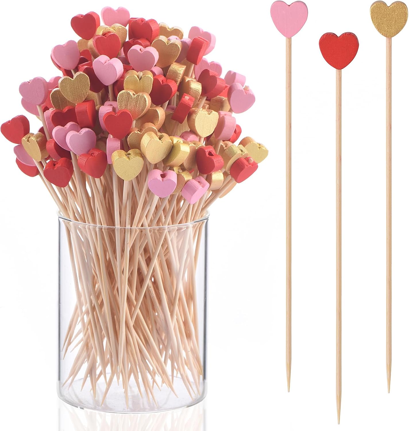 100 Pack Heart-Shaped Bamboo Cocktail Picks, 4.7
