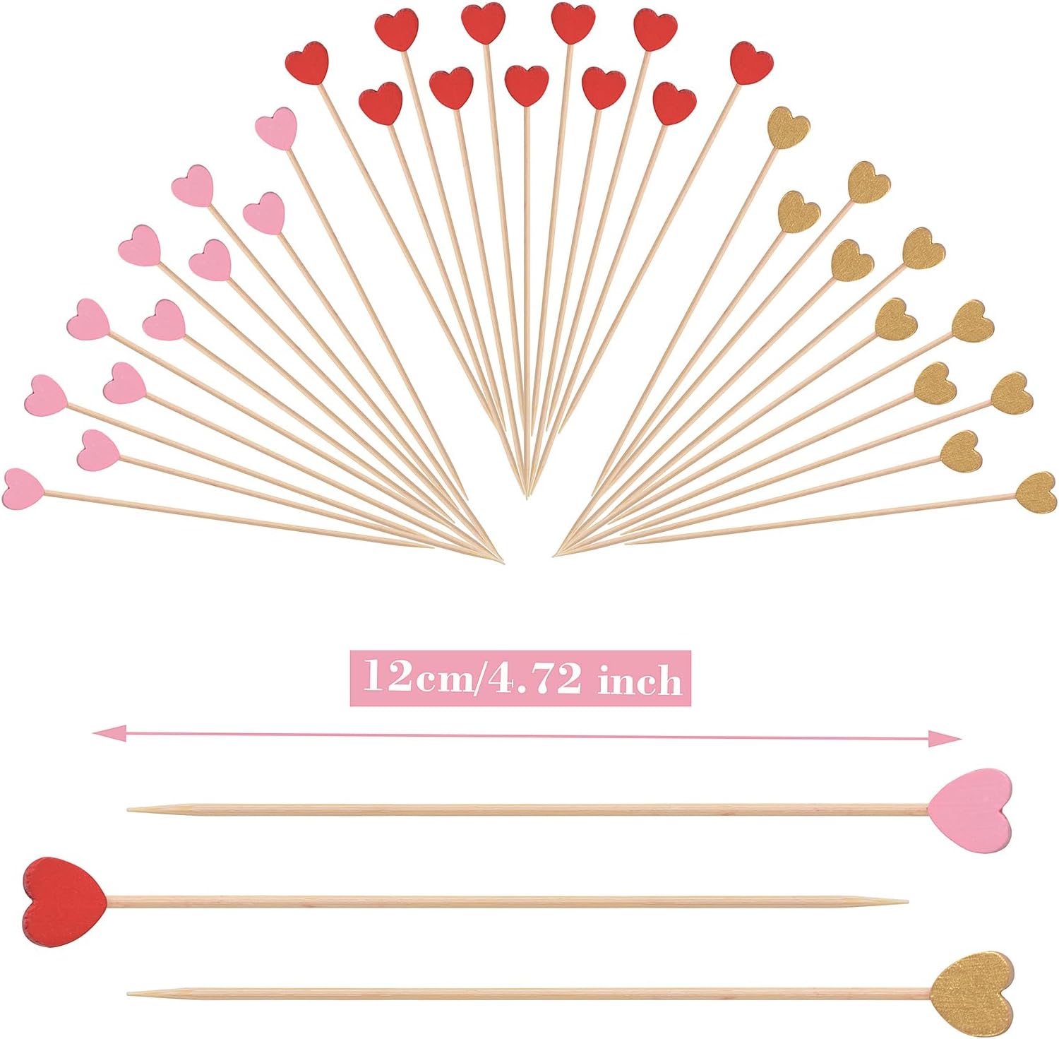 100 Pack Heart-Shaped Bamboo Cocktail Picks, 4.7