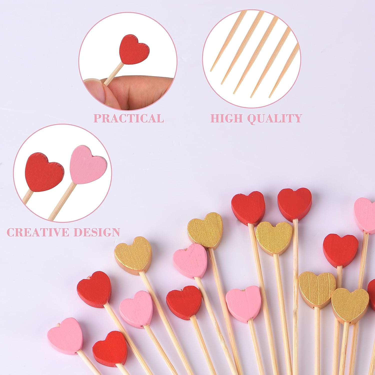 100 Pack Heart-Shaped Bamboo Cocktail Picks, 4.7