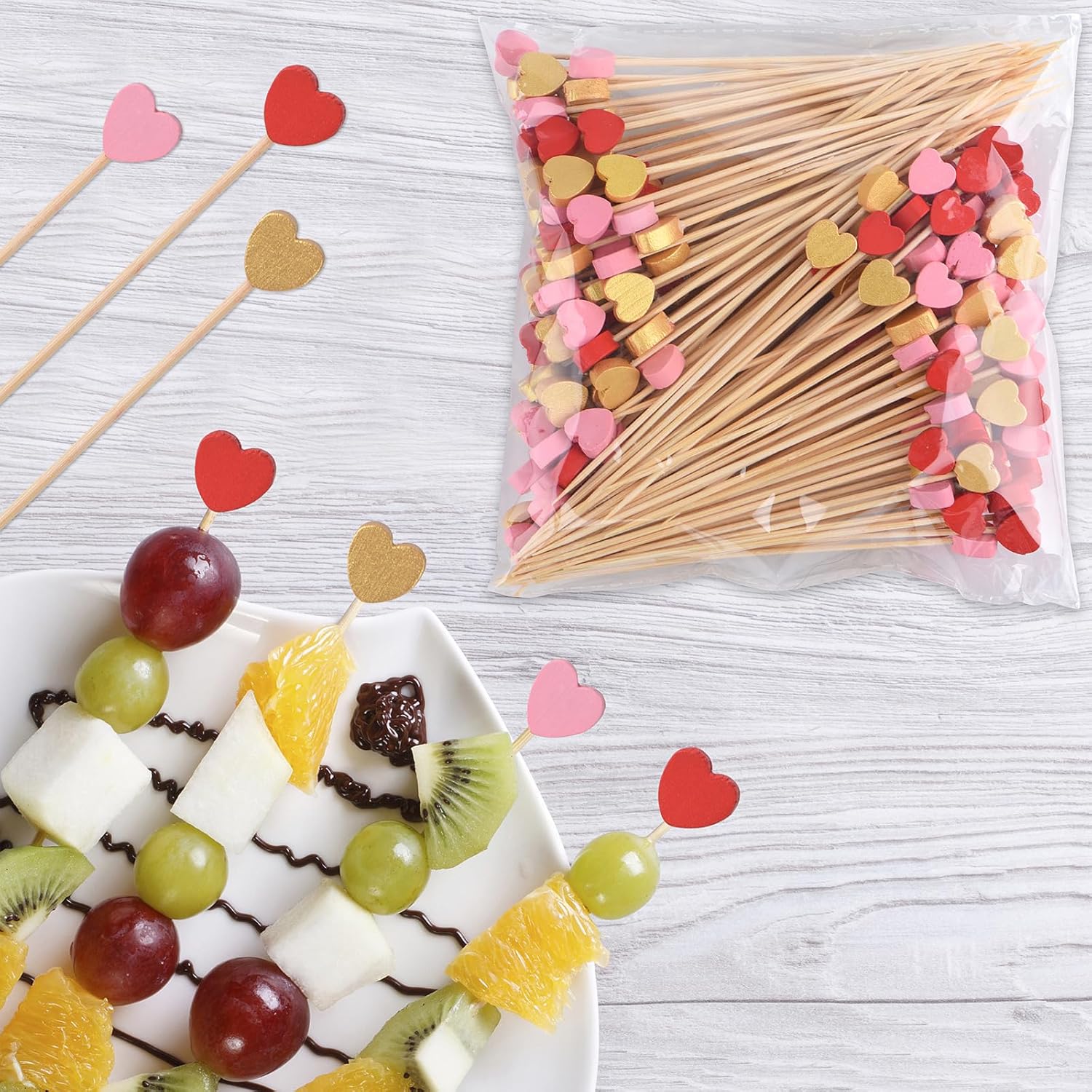 100 Pack Heart-Shaped Bamboo Cocktail Picks, 4.7